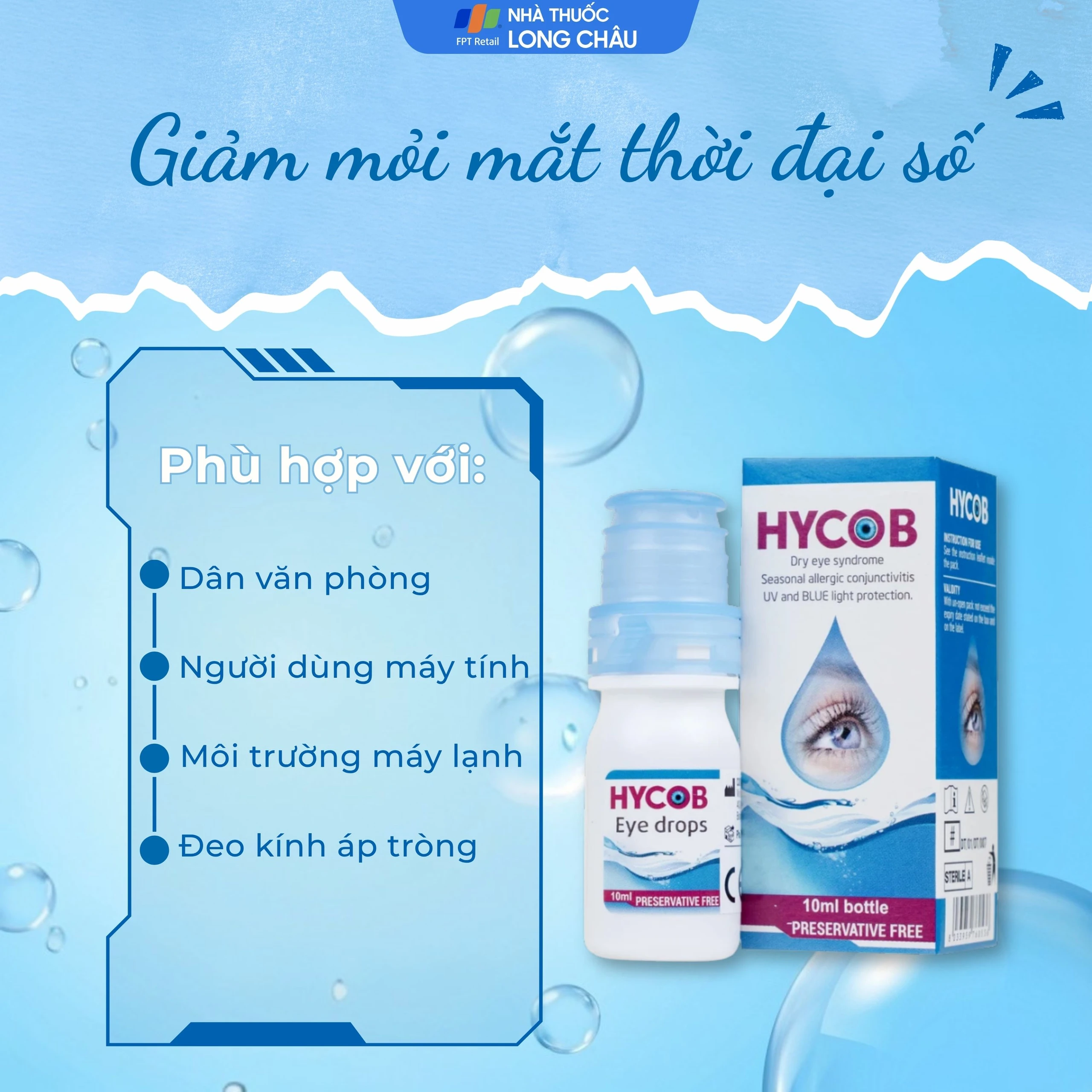 Nhỏ mắt Hycob 10ml giúp bôi trơn, tạo độ ẩm, giảm khô và mỏi mắt