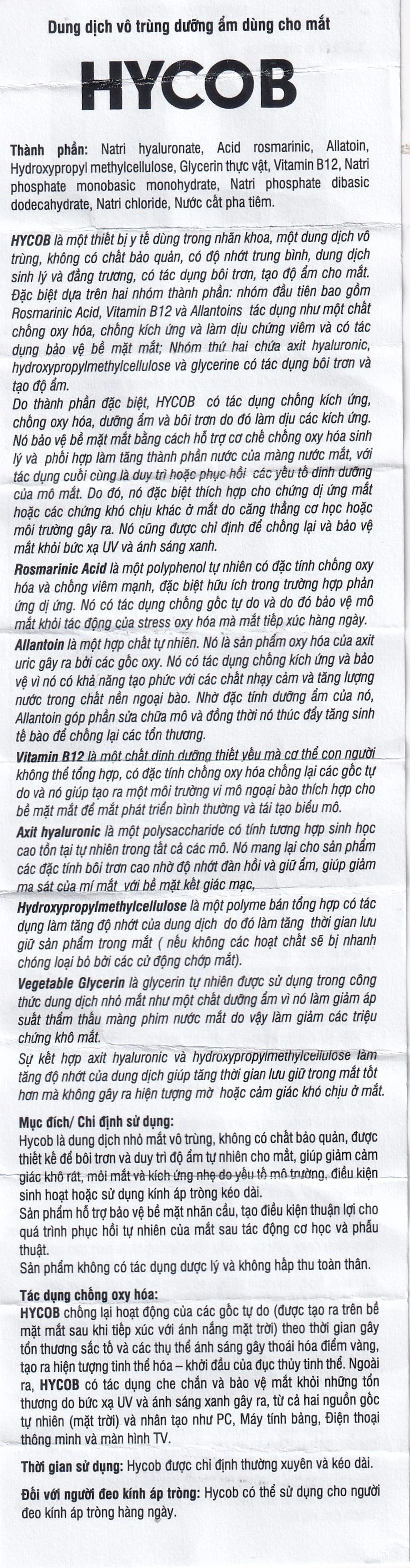 Nhỏ mắt Hycob 10ml giúp bôi trơn, tạo độ ẩm, giảm khô và mỏi mắt