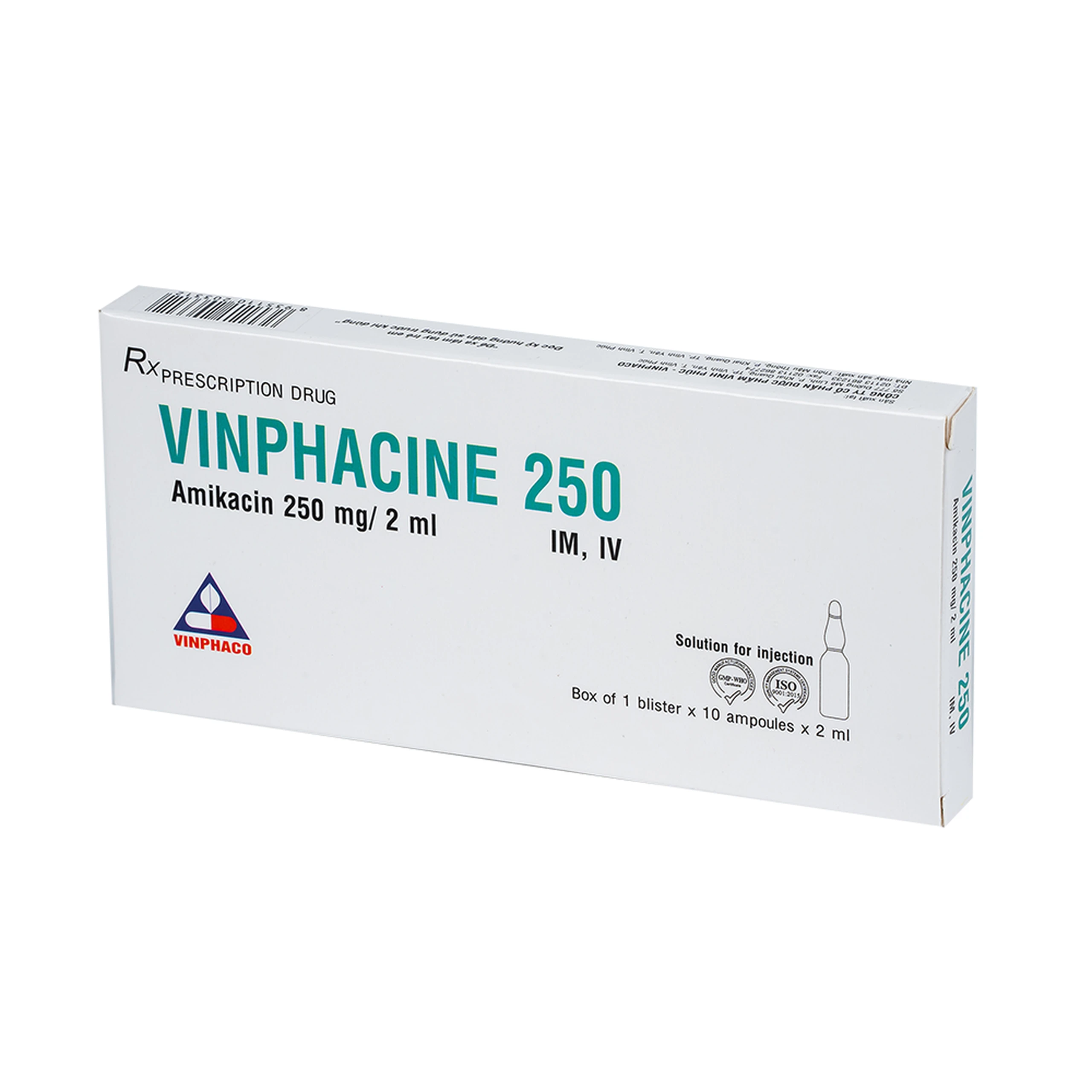 Dung dịch tiêm Vinphacine 250 Vinphaco điều trị nhiễm khuẩn đường hô hấp, đường tiết niệu (1 vỉ x 10 ống)