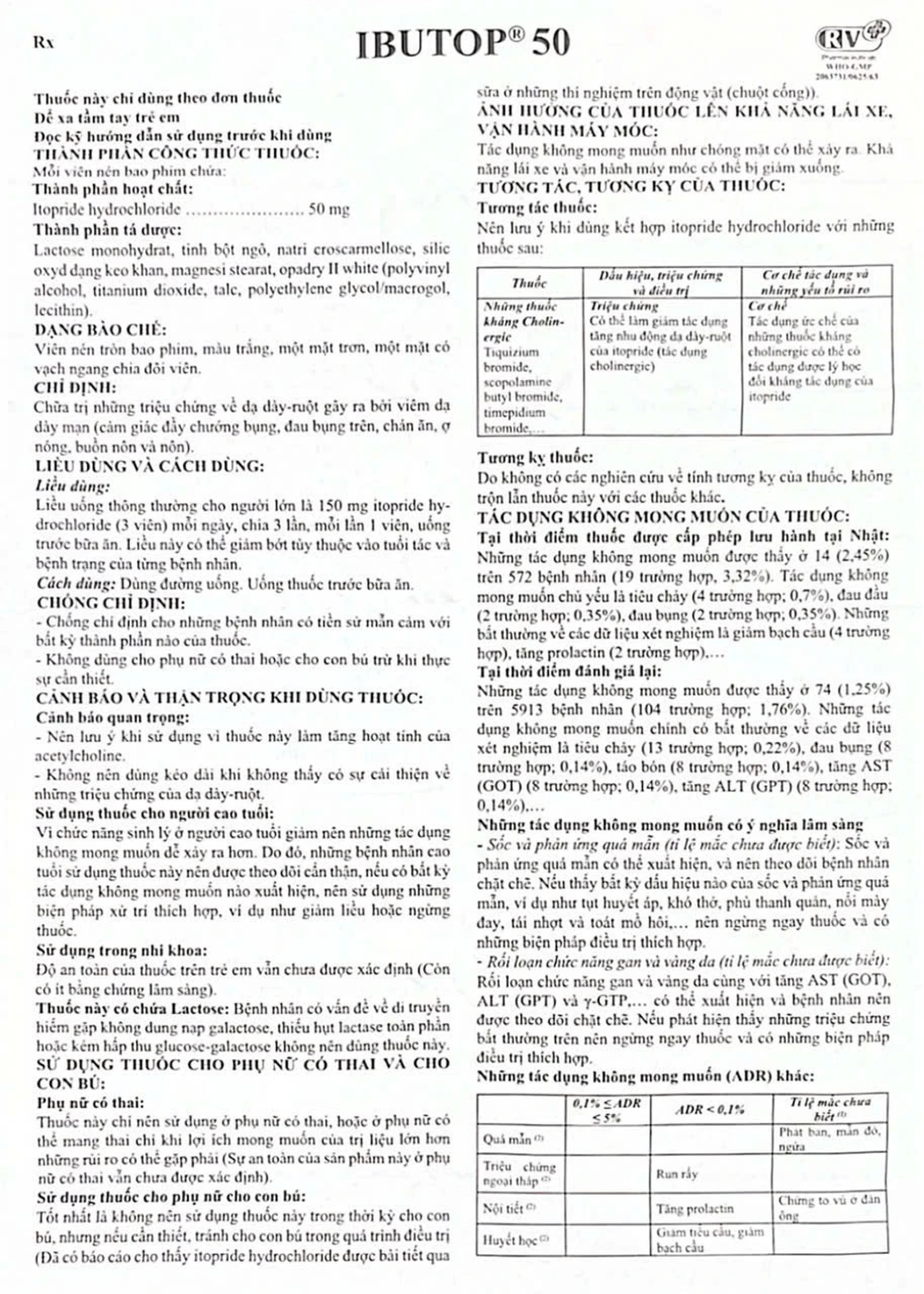 Thuốc Ibutop 50 OPV điều trị viêm dạ dày, chướng bụng, đau bụng, chán ăn, ợ nóng (2 vỉ x 10 viên)