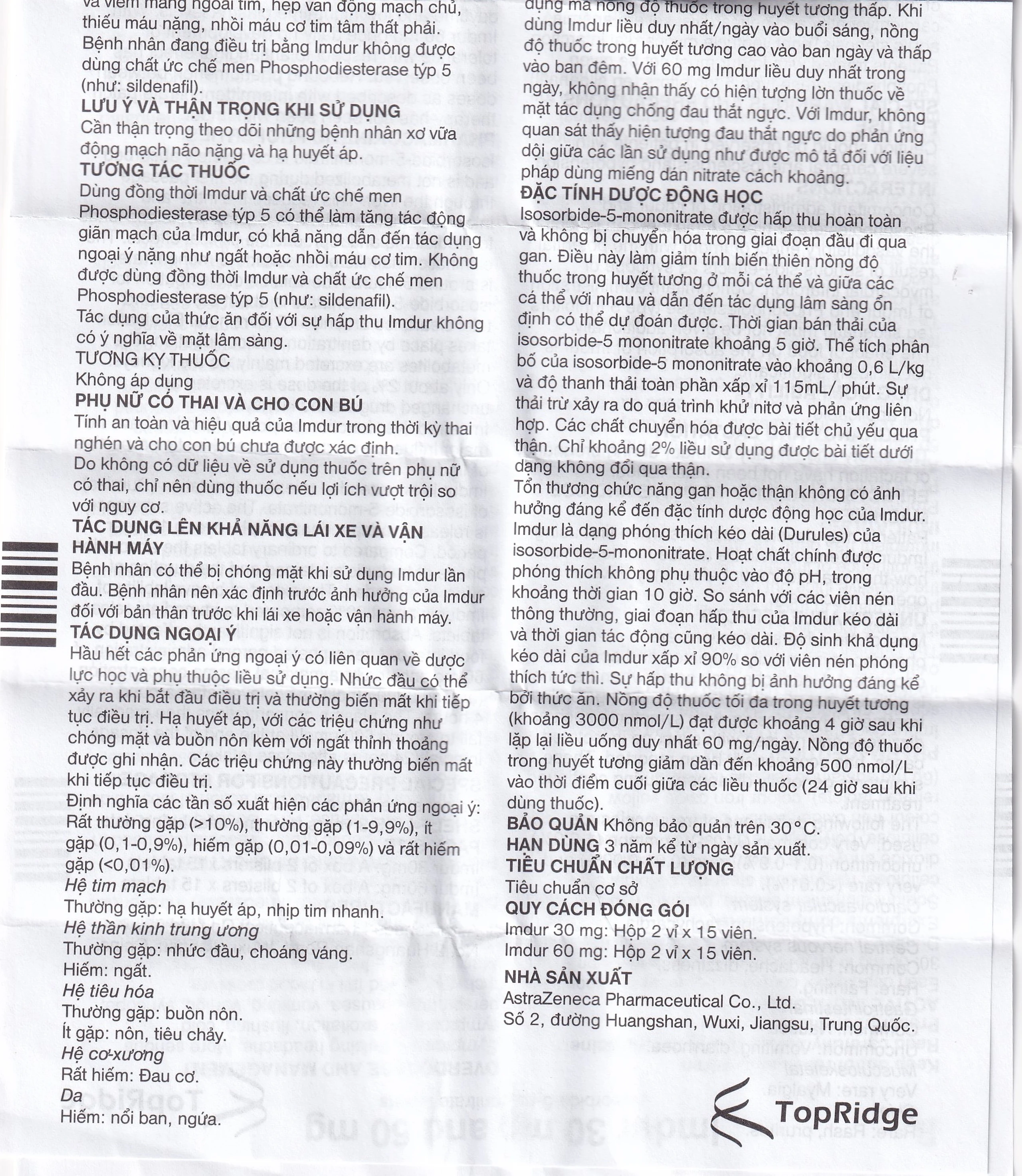 Thuốc Imdur 30mg AstraZeneca điều trị dự phòng đau thắt ngực (2 vỉ x 15 viên)