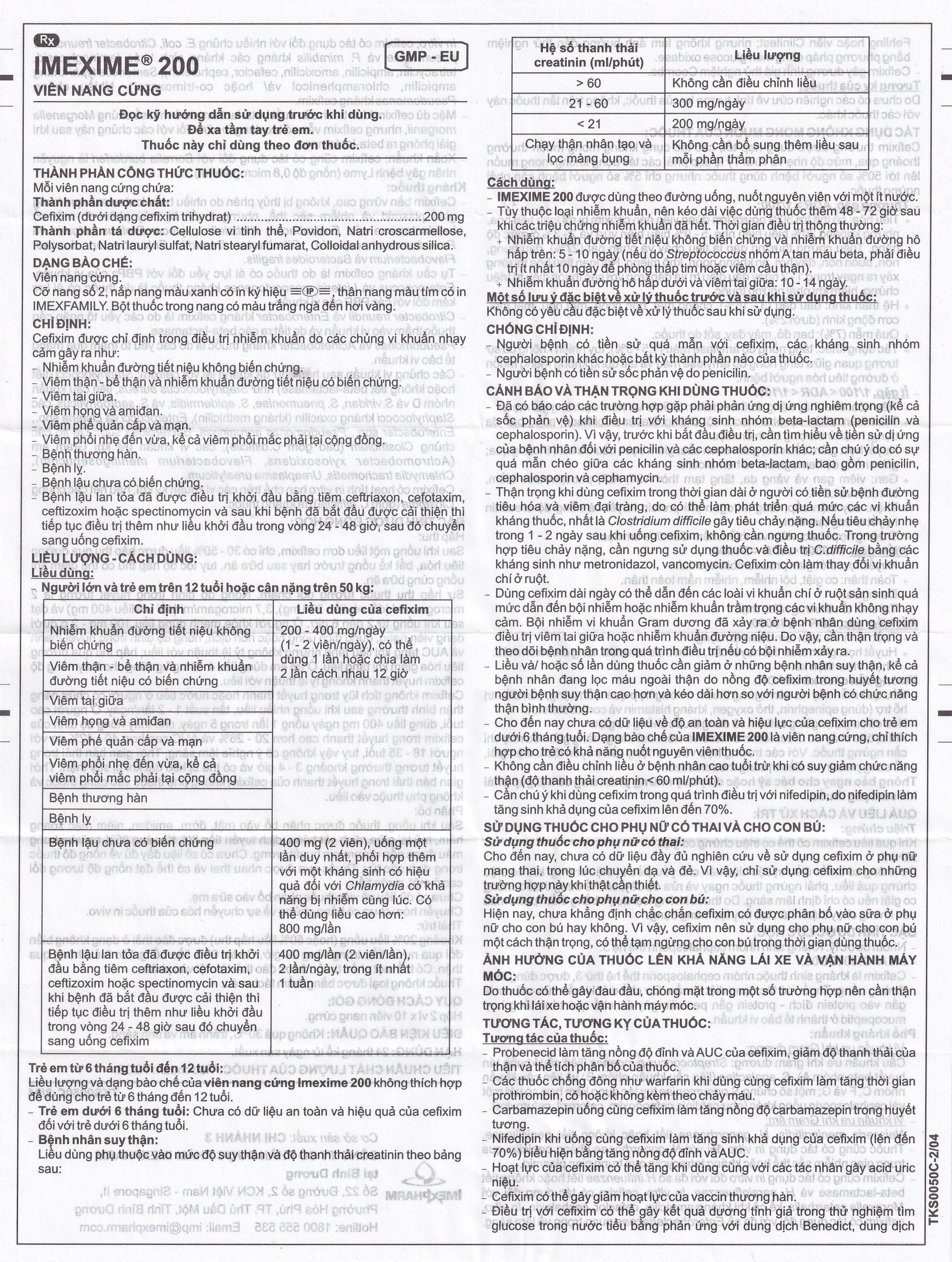 Thuốc Imexime 200 Imexpharm điều trị nhiễm khuẩn đường tiết niệu, viêm thận - bể thận (2 vỉ x 10 viên)