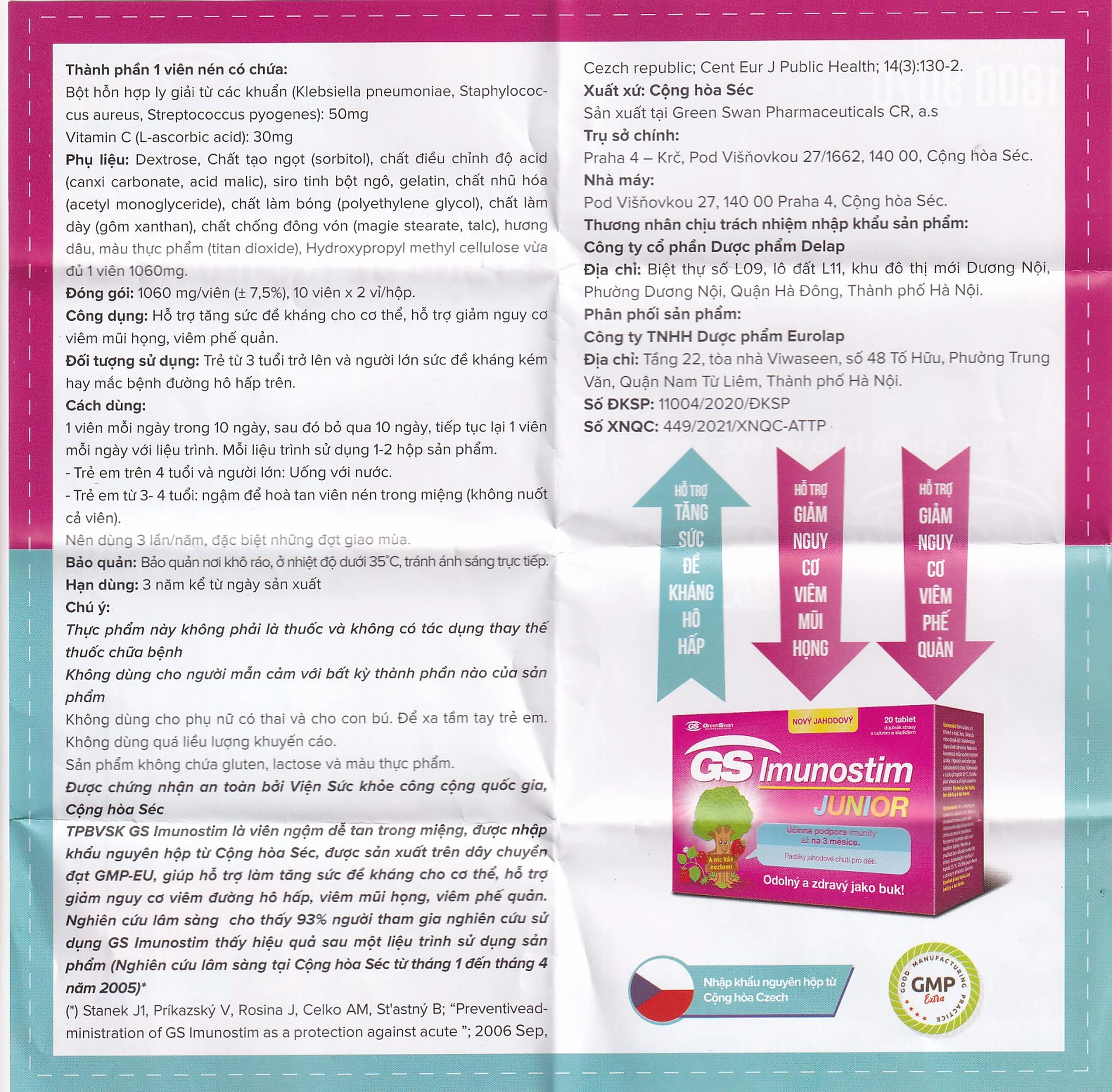 Viên giúp giảm nguy cơ viêm mũi họng GS Imunostim Junior (2 vỉ x 10 viên)