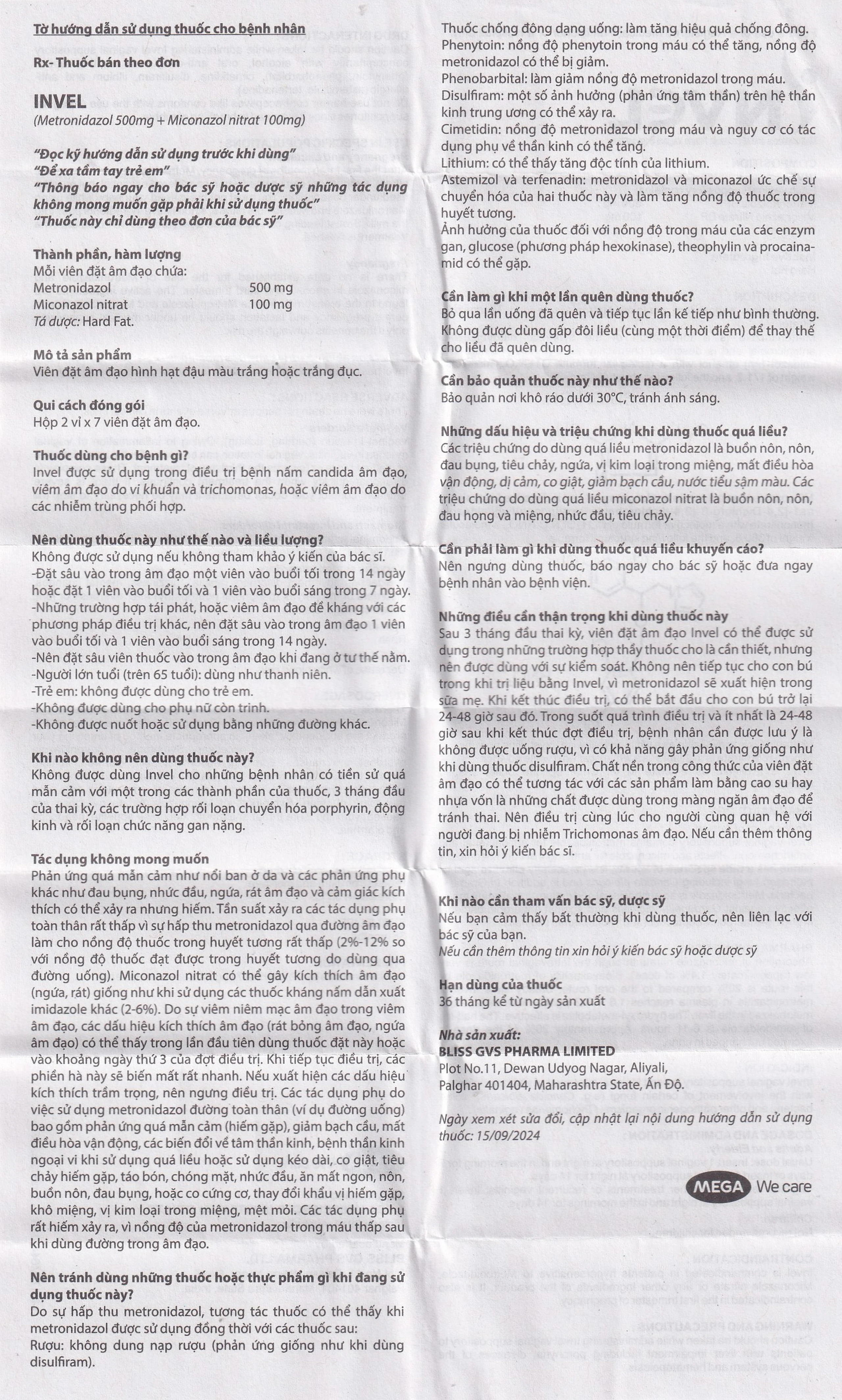 Thuốc Invel Mega Bliss GVS Pharma điều trị viêm âm đạo do nấm, vi khuẩn hoặc trichomonas (2 vỉ x 7 viên)