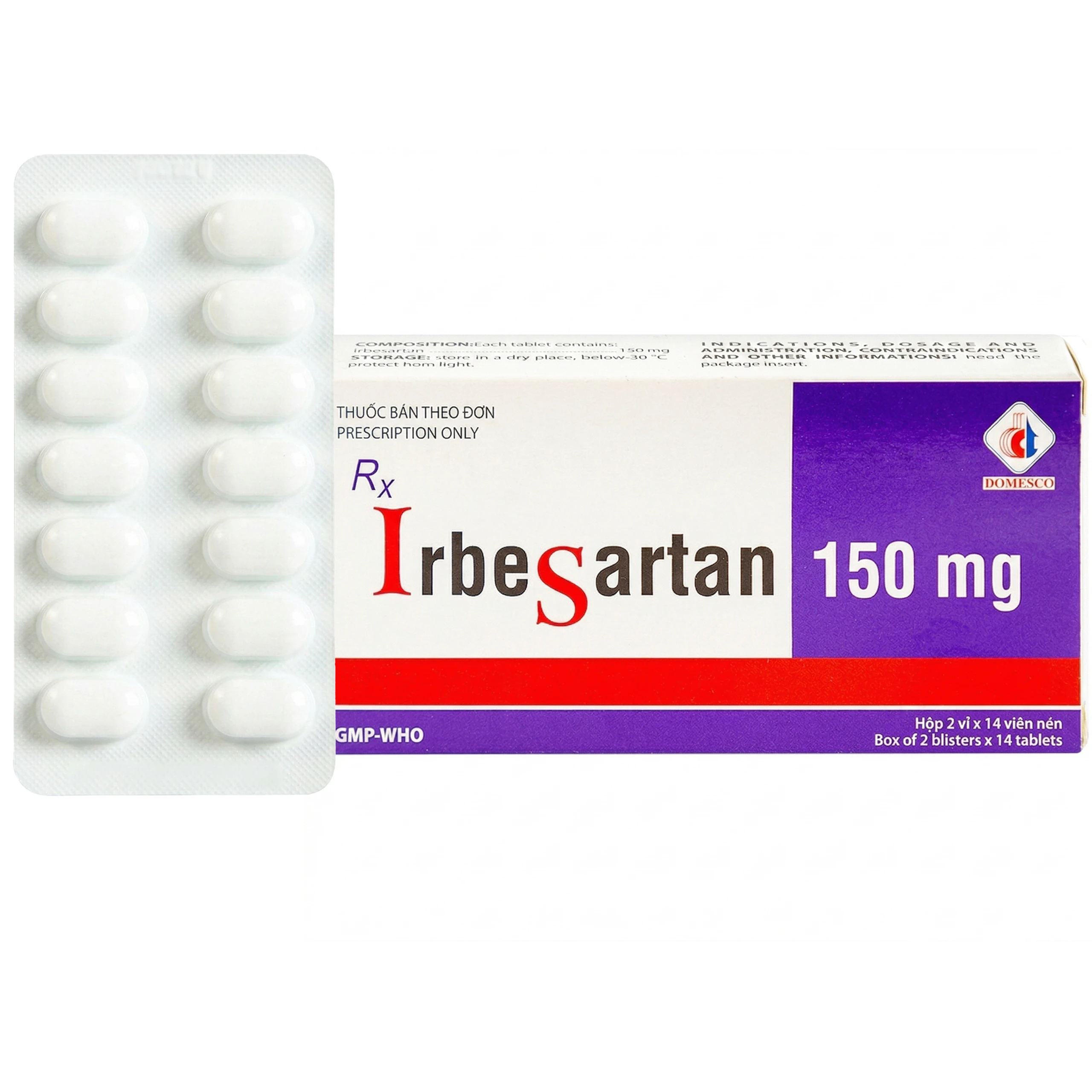 Thuốc Irbesartan 150mg Domesco điều trị tăng huyết áp, bệnh thận (2 vỉ x 14 viên)