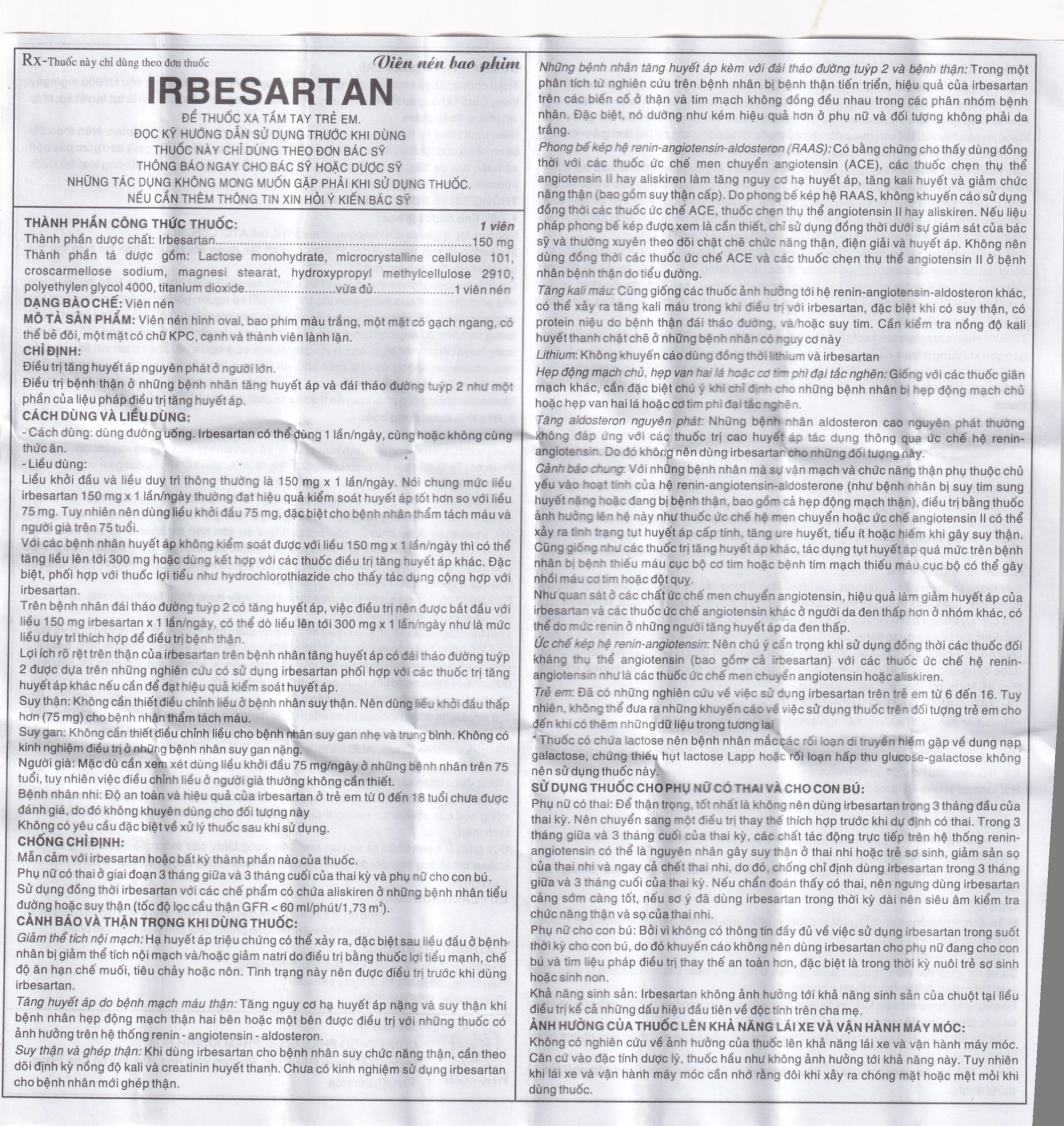 Thuốc Irbesartan 150mg điều trị tăng huyết áp, bệnh thận do tiểu đường (10 vỉ 10 viên)