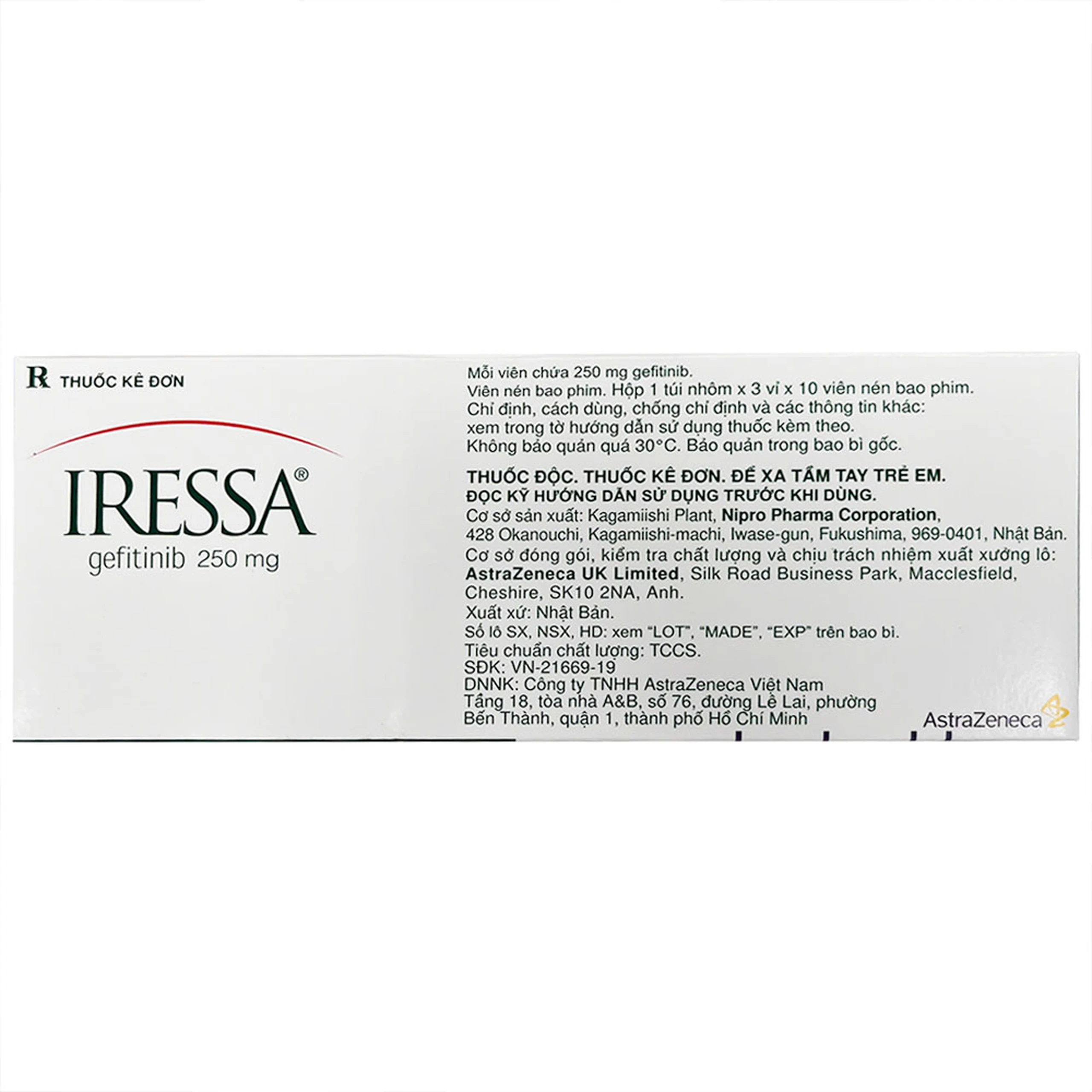 Thuốc Iressa 250mg AstraZeneca hỗ trợ điều trị ung thư phổi (3 vỉ x 10 viên)
