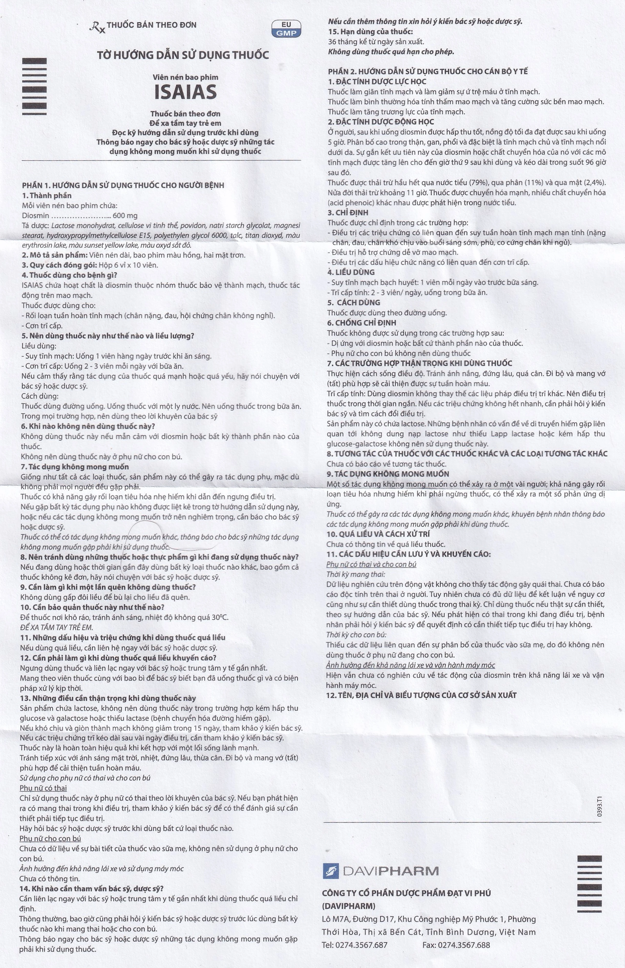 Thuốc Isaias 600mg Davipharm điều trị triệu chứng suy tuần hoàn tĩnh mạch mạn tính (6 vỉ x 10 viên)