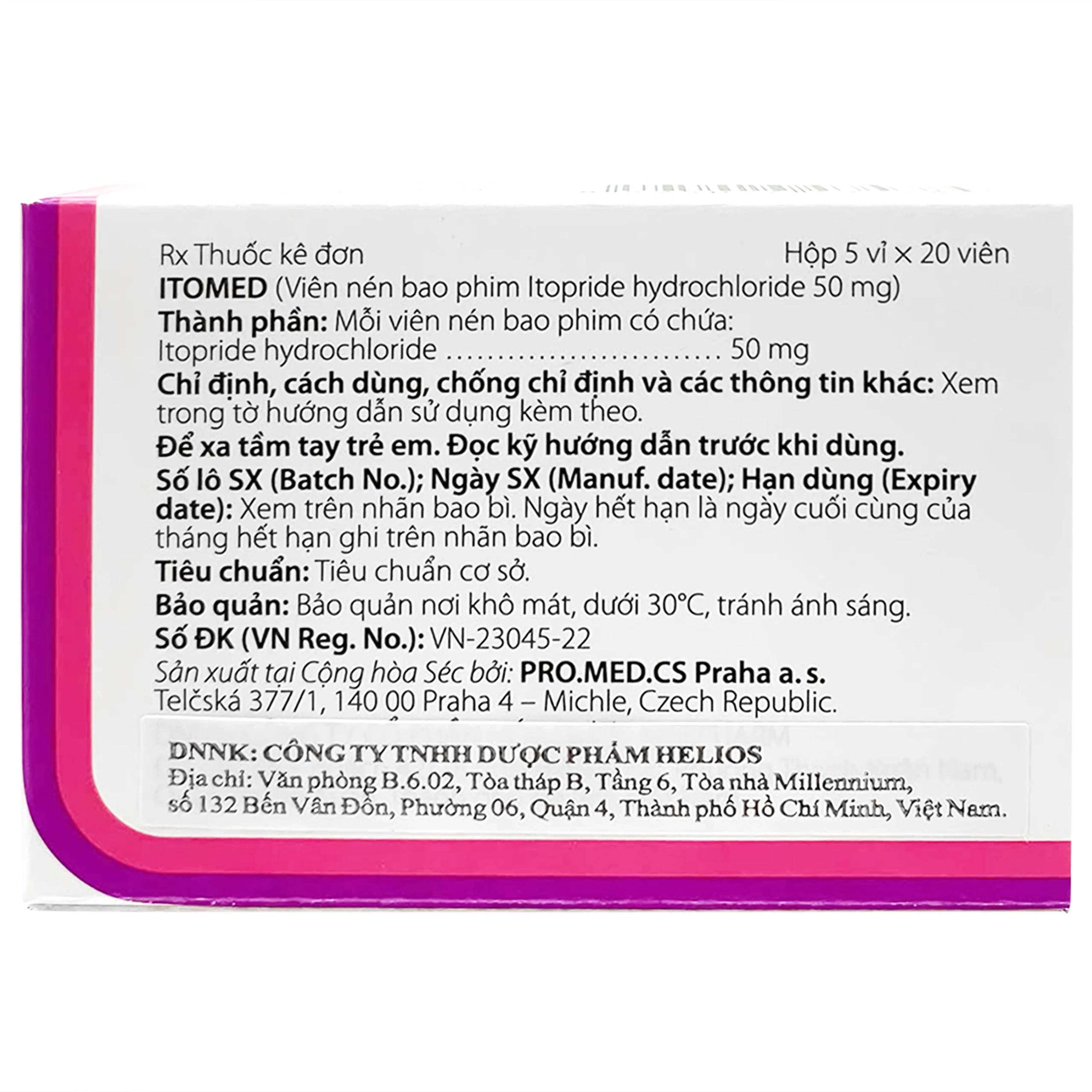 Thuốc Itomed 50mg Pro.Med điều trị các triệu chứng tiêu hóa dành cho người lớn (5 vỉ x 20 viên)