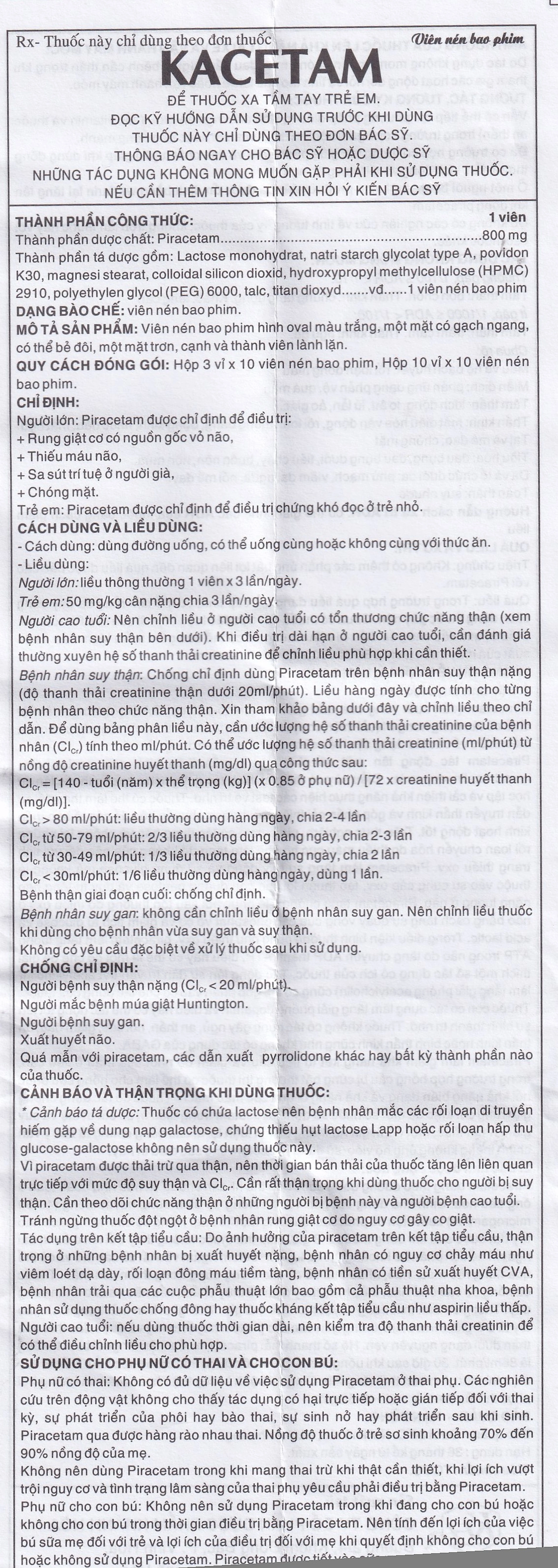 Viên nén Kacetam 800mg Khapharco điều trị rung giật cơ có nguồn gốc vỏ não, thiếu máu não (10 vỉ x 10 viên)