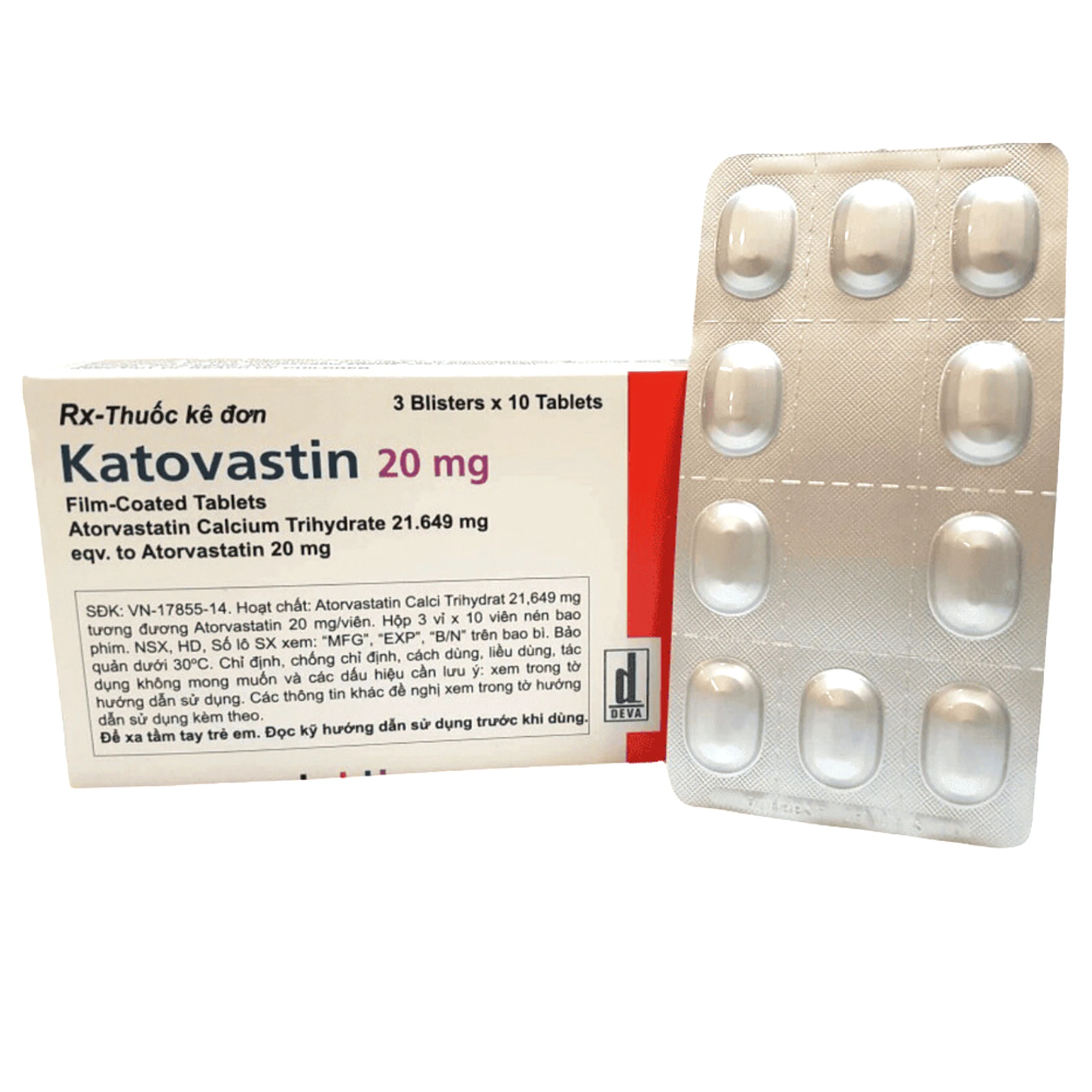 Thuốc Katovastin 20mg Deva Holding hỗ trợ cho chế độ ăn kiêng làm giảm cholesterol (3 vỉ x 10 viên)