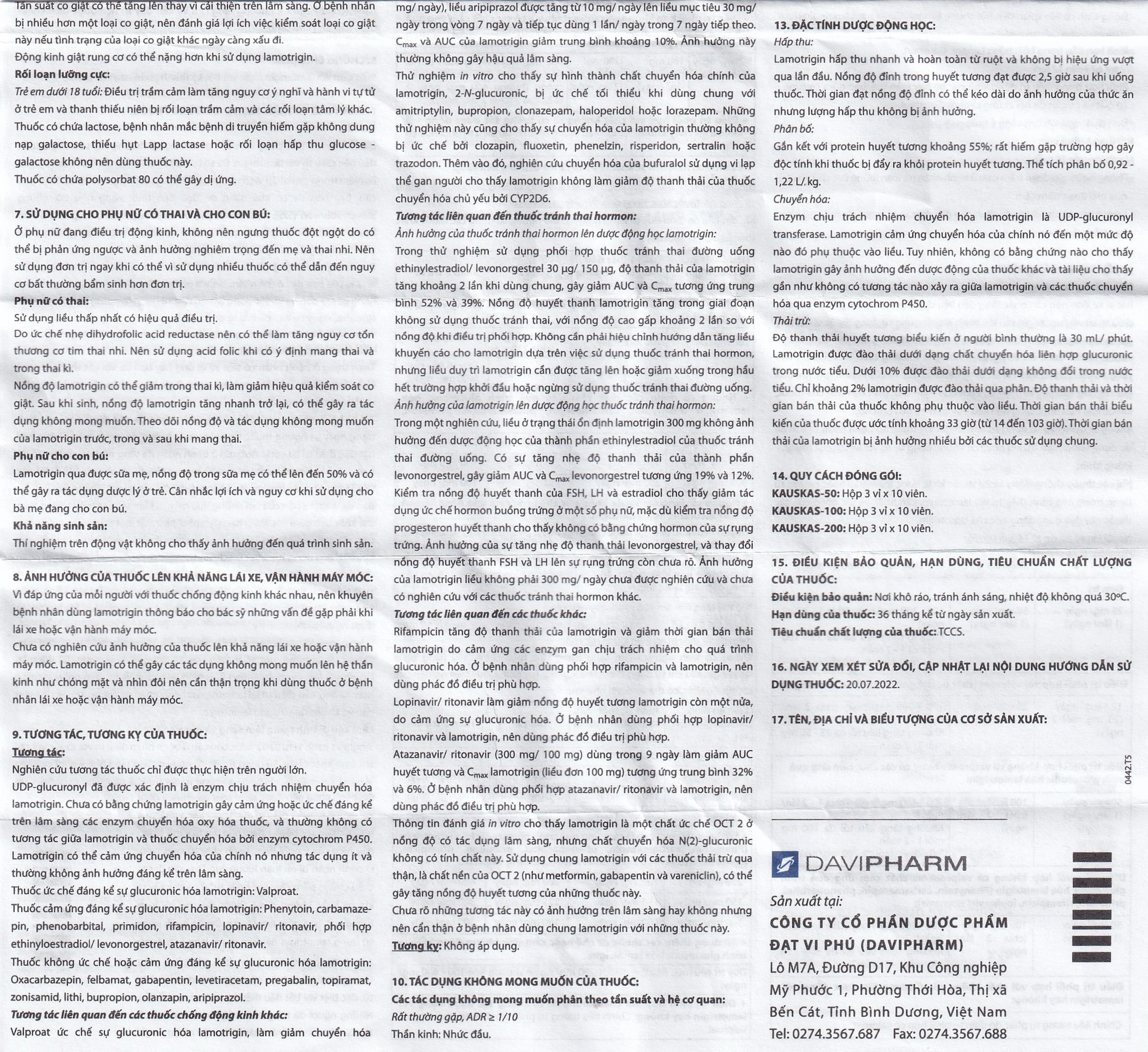 Thuốc Kauskas-100mg Davipharm điều trị động kinh và rối loạn lưỡng cực (3 vỉ x 10 viên)