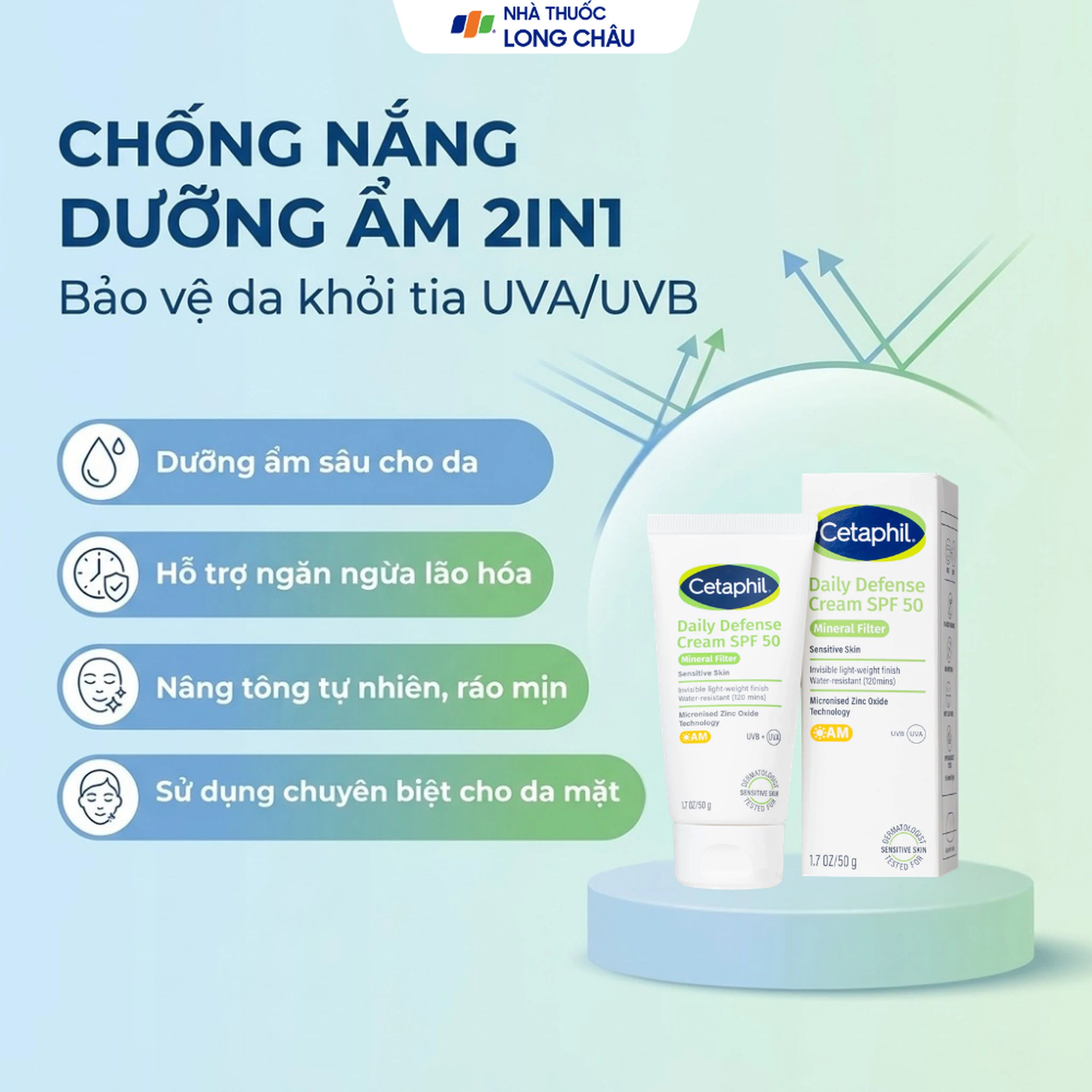 Kem chống nắng dưỡng ẩm 2in1 Cetaphil Daily Defense Cream SPF 50 50g 2