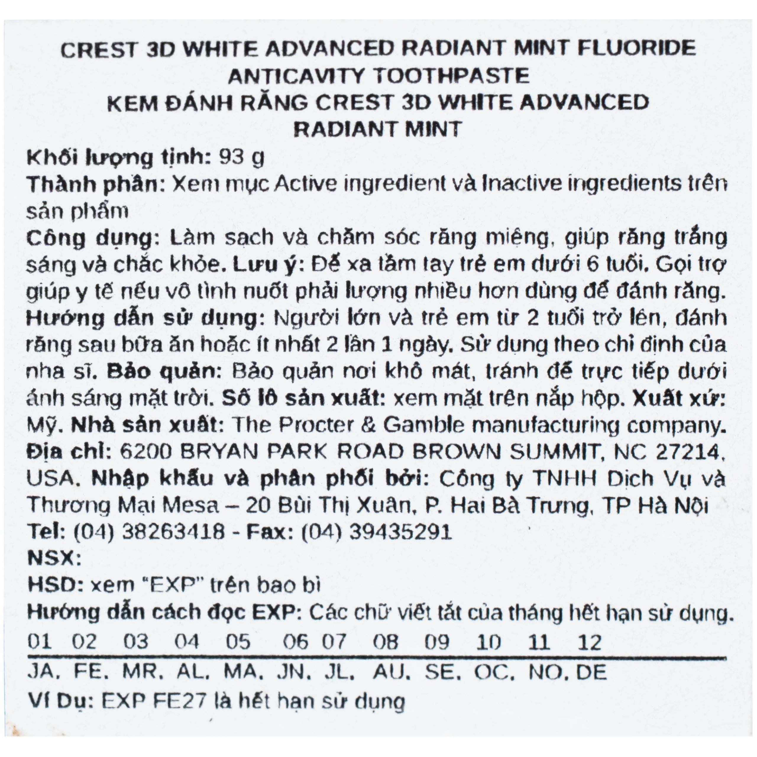 Kem đánh răng Crest 3D White Radiant Mint trắng răng vượt trội (93G) 8
