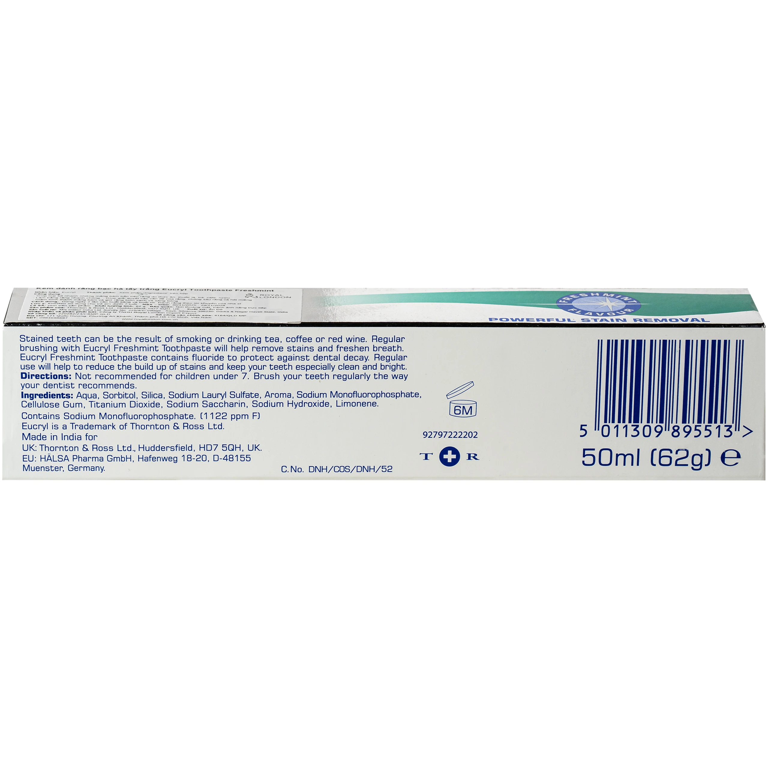Kem đánh răng Eucryl Freshmint toothpaste loại bỏ vết ố, làm răng trắng sáng (62g) 5