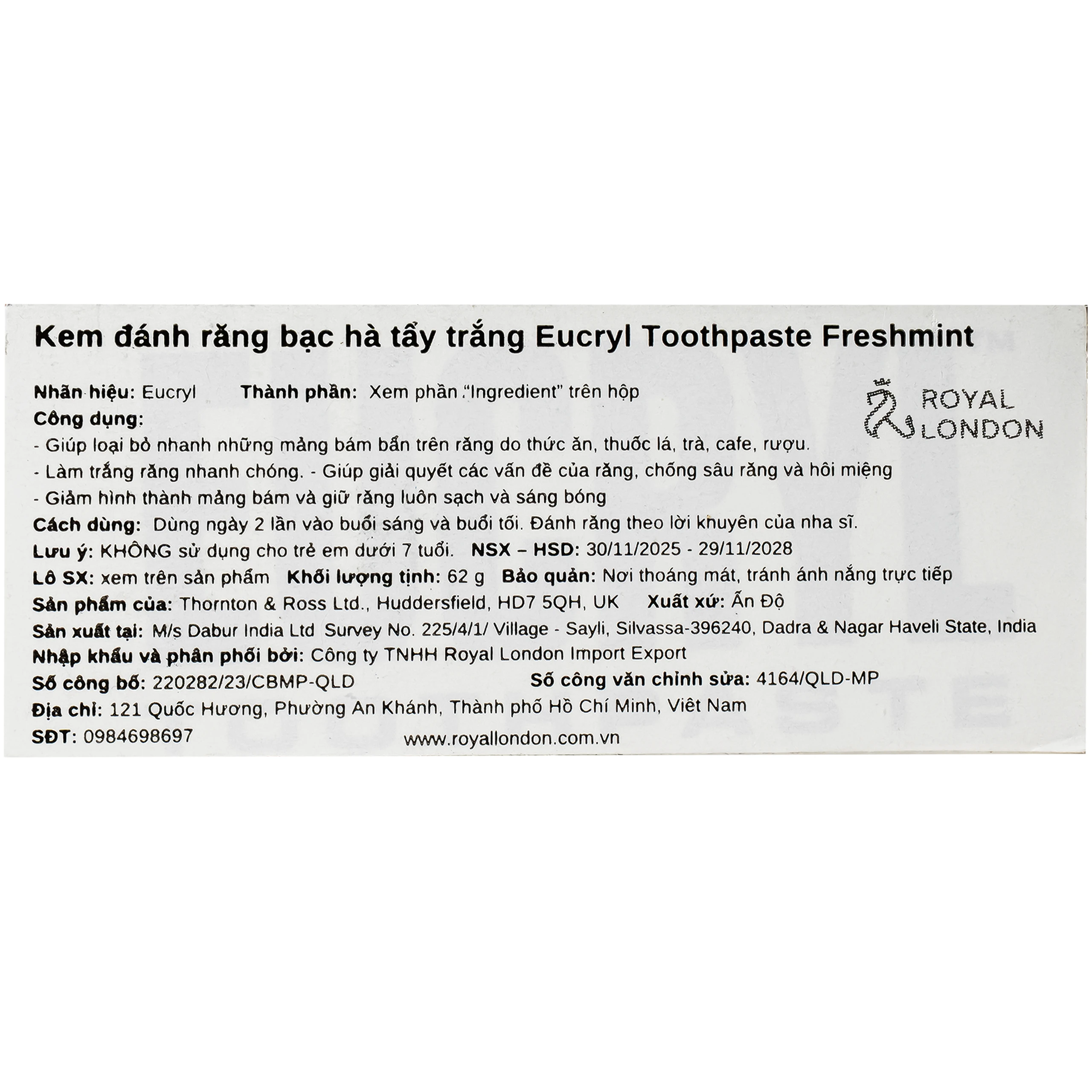 Kem đánh răng Eucryl Freshmint toothpaste loại bỏ vết ố, làm răng trắng sáng (62g) 6