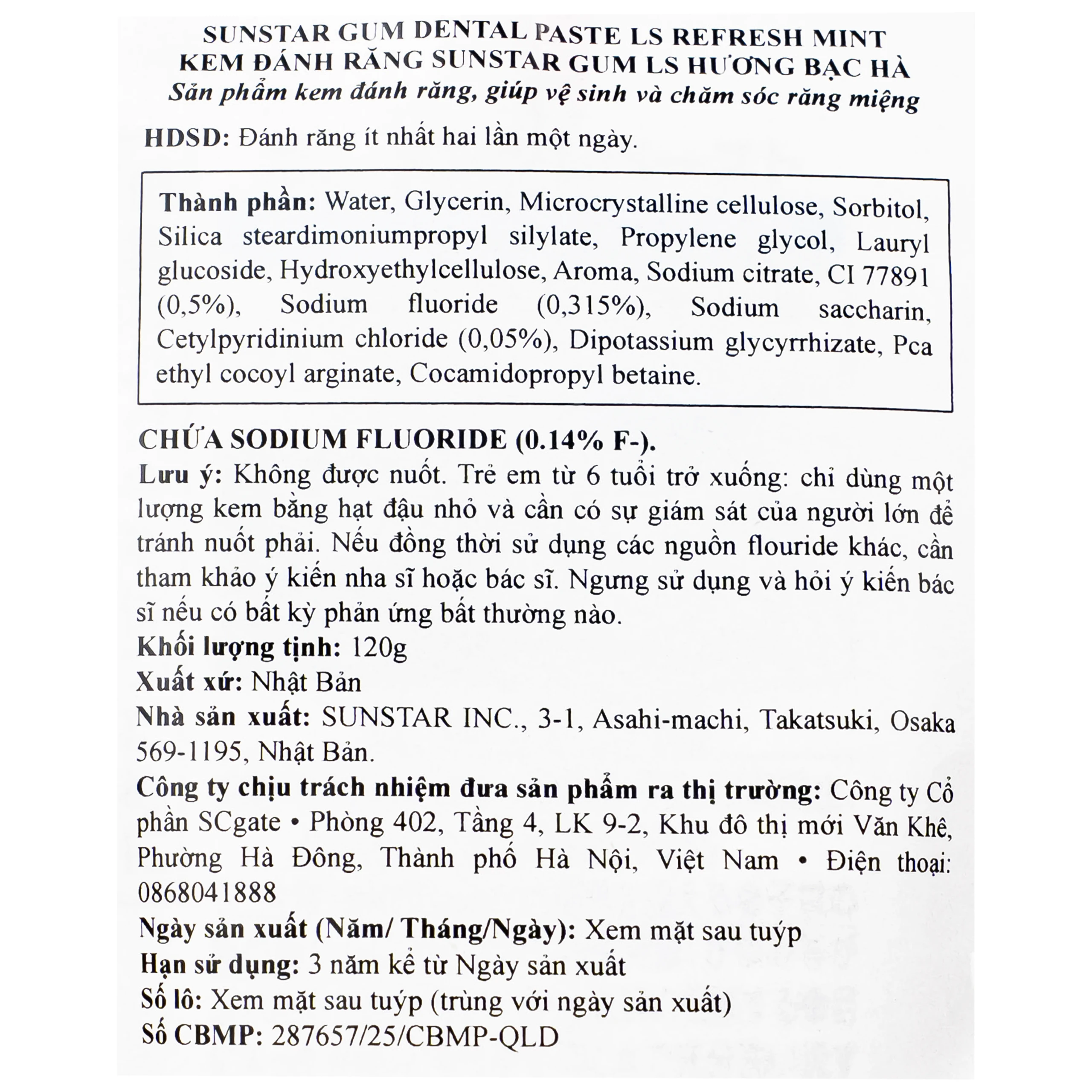 Kem đánh răng sunstar Gum ls hương bạc hà 120g