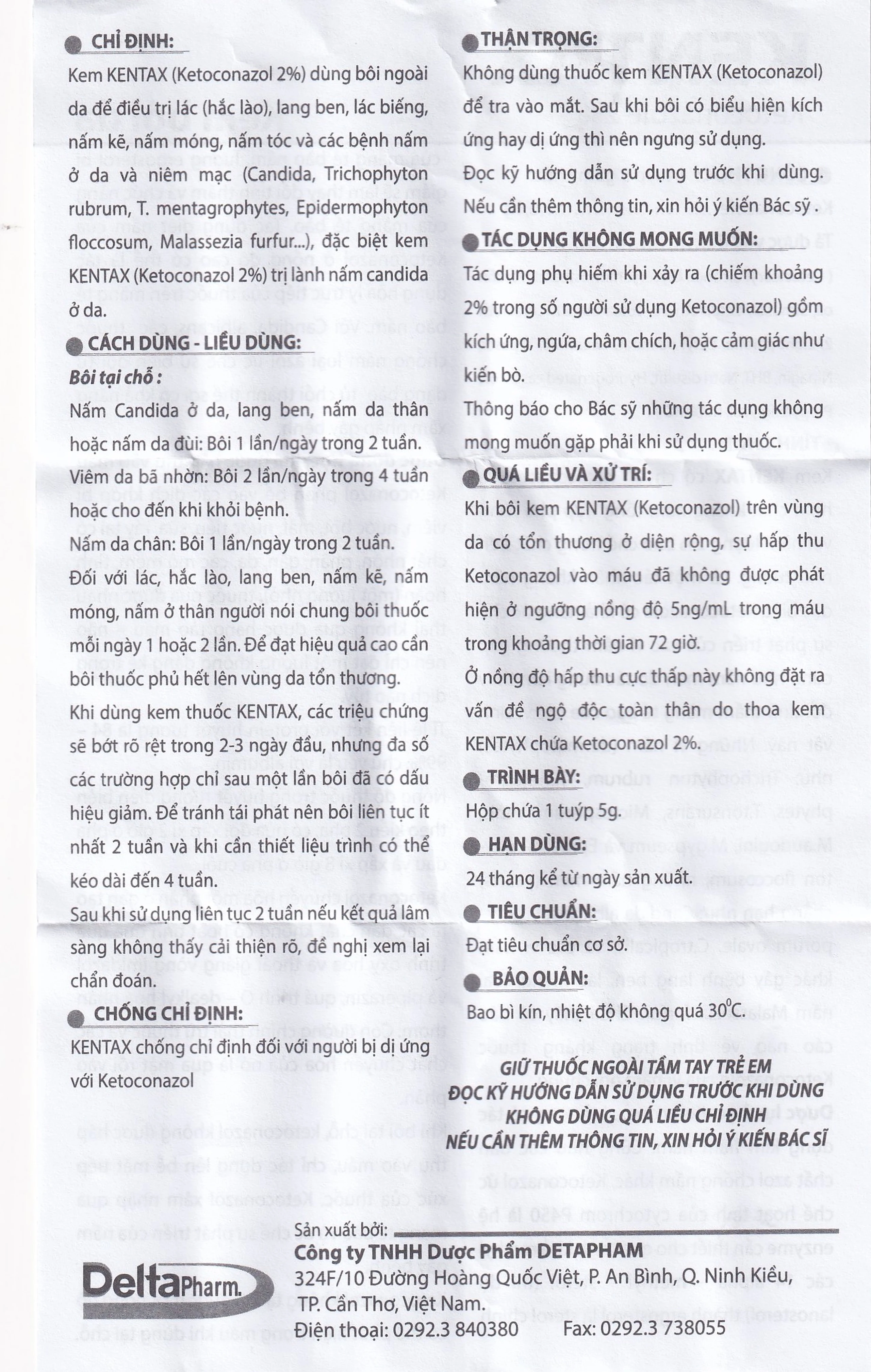 Kem bôi da Kentax Detapharm điều trị lác, lang ben, lác biếng, nấm kẽ (5g)