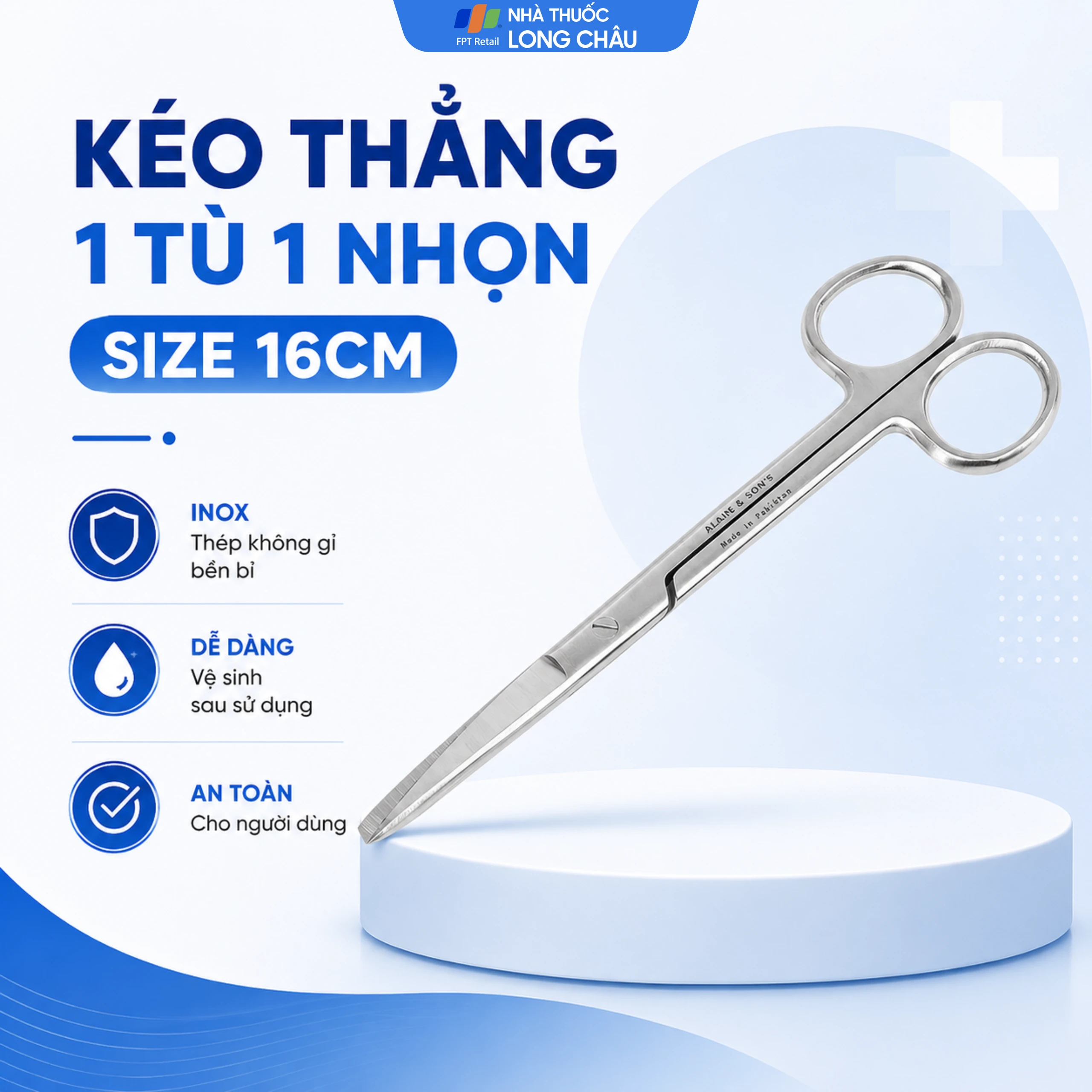 Kéo thẳng 1 tù 1 nhọn size 16cm dùng cắt gòn thay băng cho bệnh nhân 3