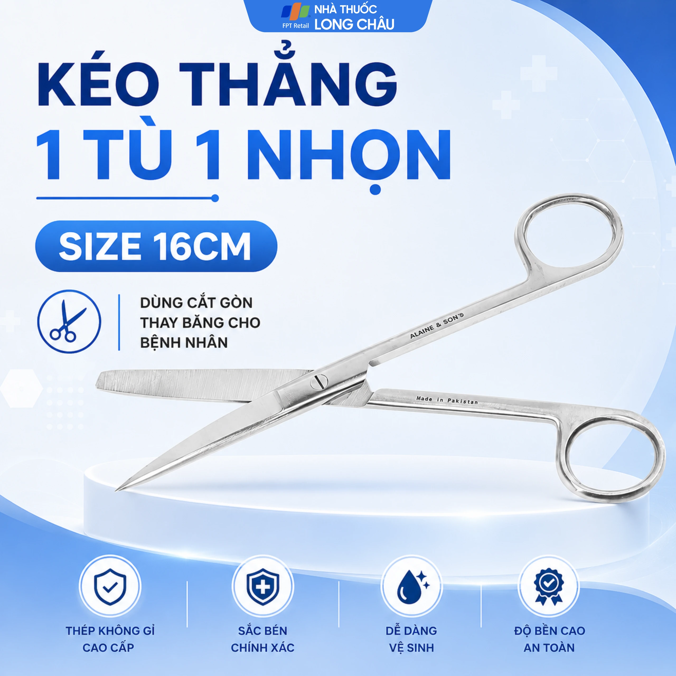 Kéo thẳng 1 tù 1 nhọn size 16cm dùng cắt gòn thay băng cho bệnh nhân 2