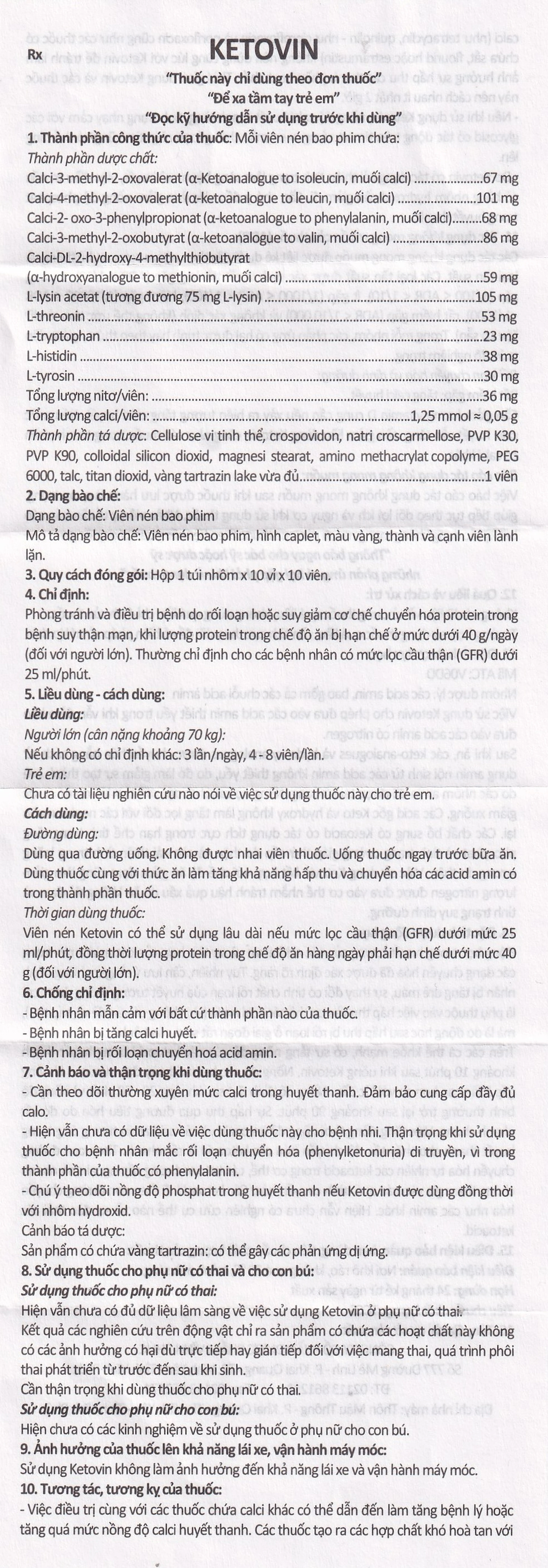 Thuốc Ketovin Vinphaco phòng ngừa và điều trị rối loạn chuyển hóa protein trong suy thận mạn (10 vỉ x 10 viên)