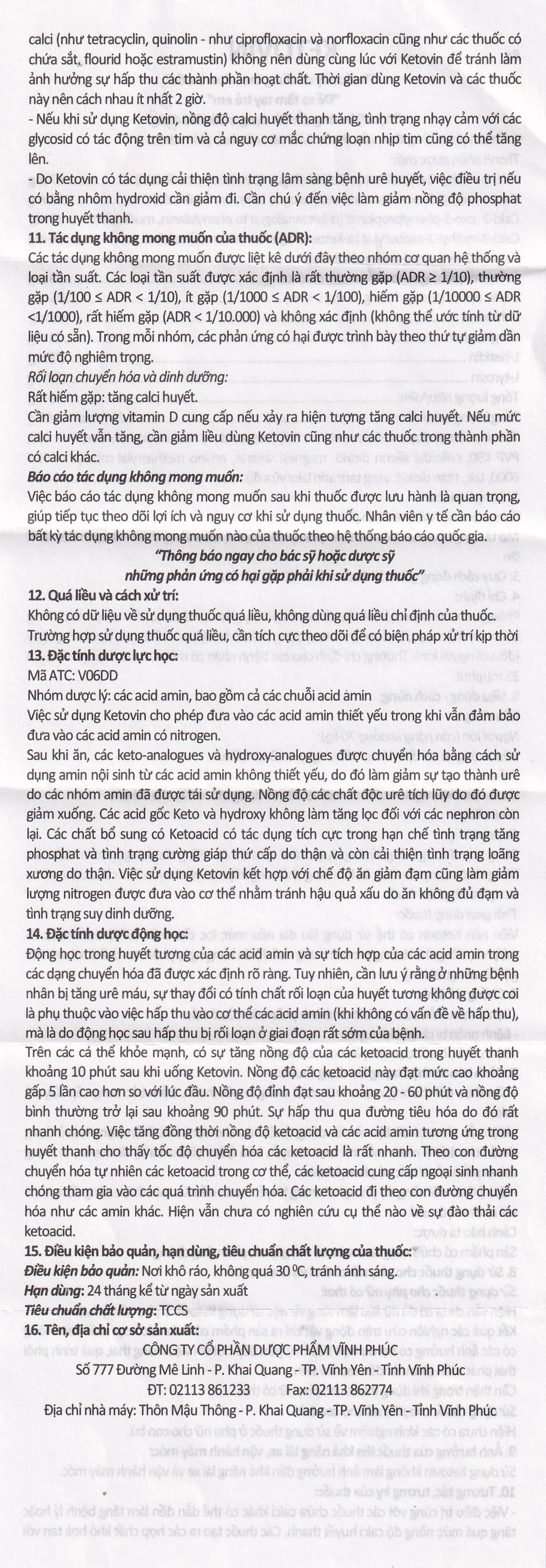 Thuốc Ketovin Vinphaco phòng ngừa và điều trị rối loạn chuyển hóa protein trong suy thận mạn (10 vỉ x 10 viên)