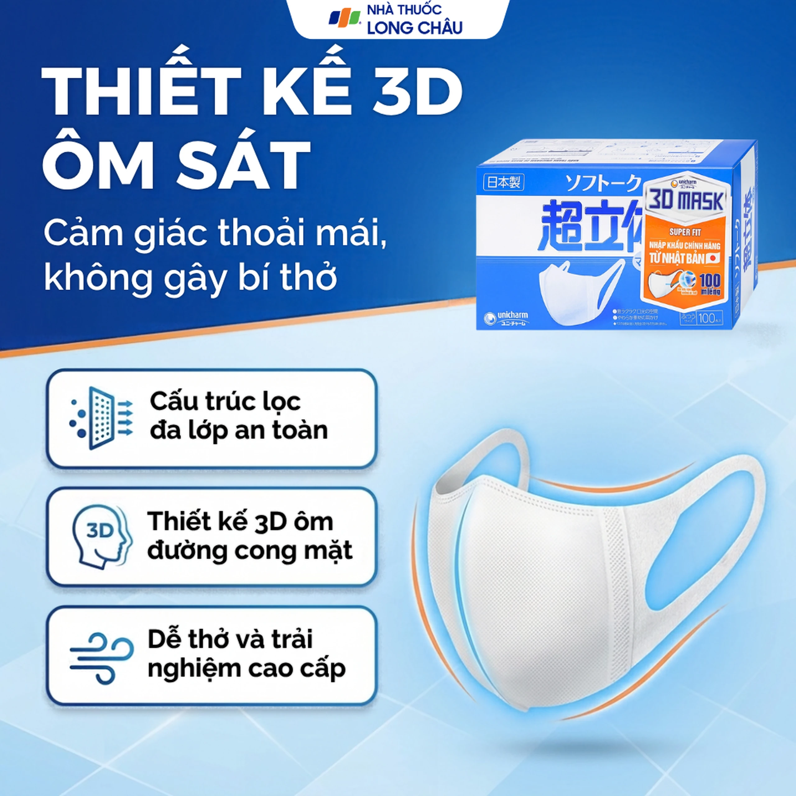 Khẩu trang Unicharm 3D Mask Super Fit màu trắng (100 cái) ôm vừa vặn, không bí thở 3