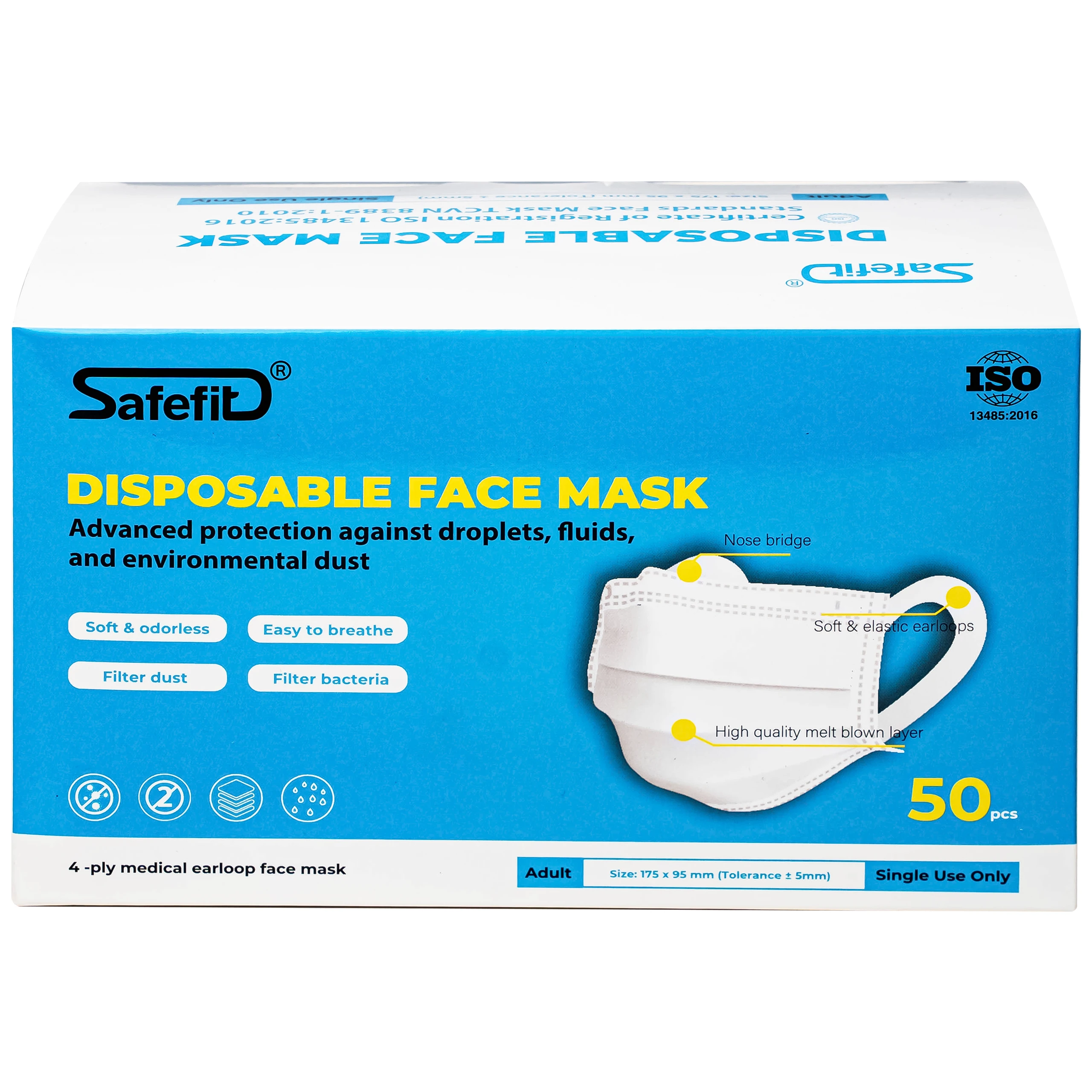 Khẩu trang 4 lớp Safefit màu trắng (50 cái) ngăn khói bụi, vi khuẩn