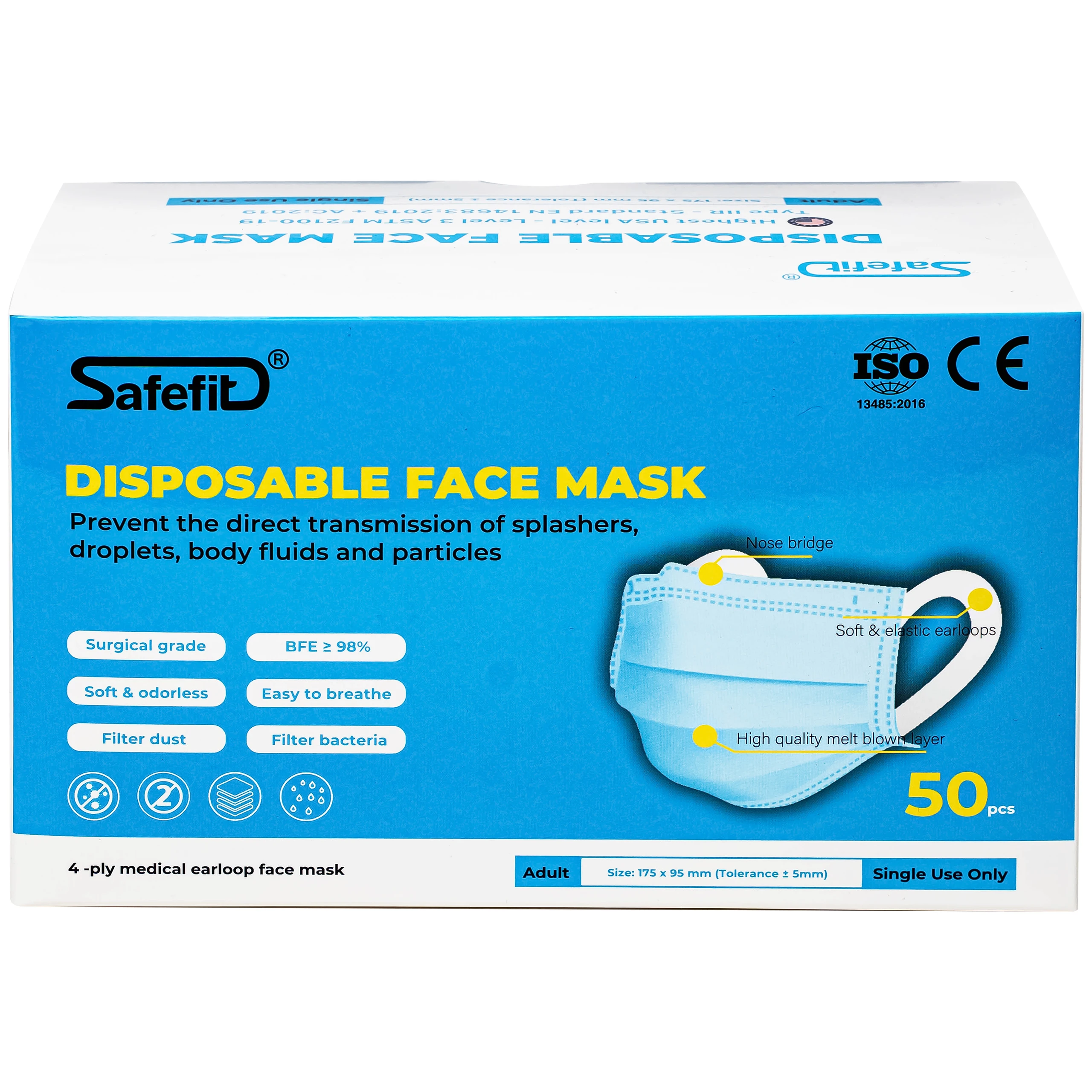 Khẩu trang 4 lớp Safefit màu xanh (50 cái) ngăn khói bụi, vi khuẩn 9