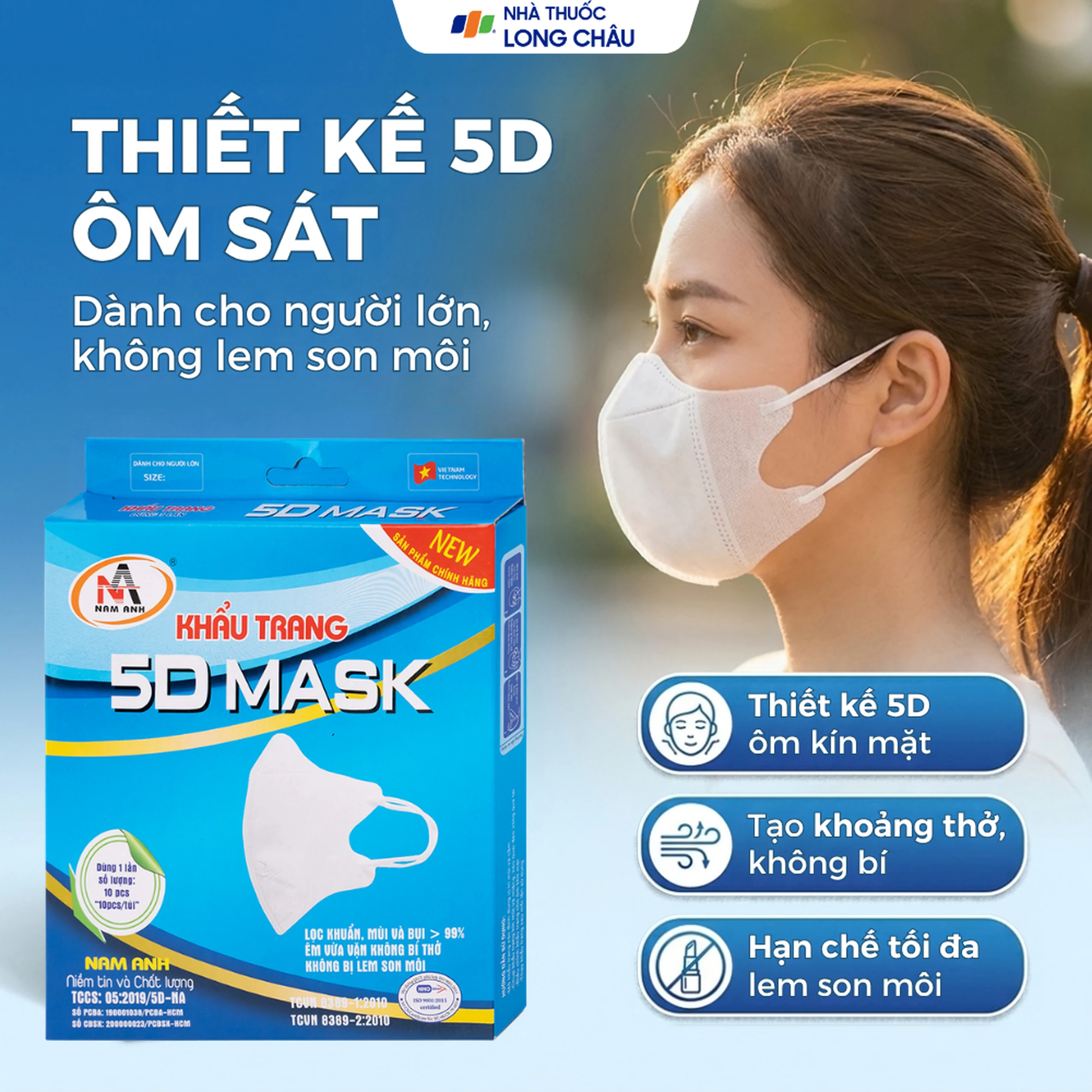 Khẩu trang 3 lớp 5D mask màu trắng (10 cái) Nam Anh ngăn khói bụi, vi khuẩn 4