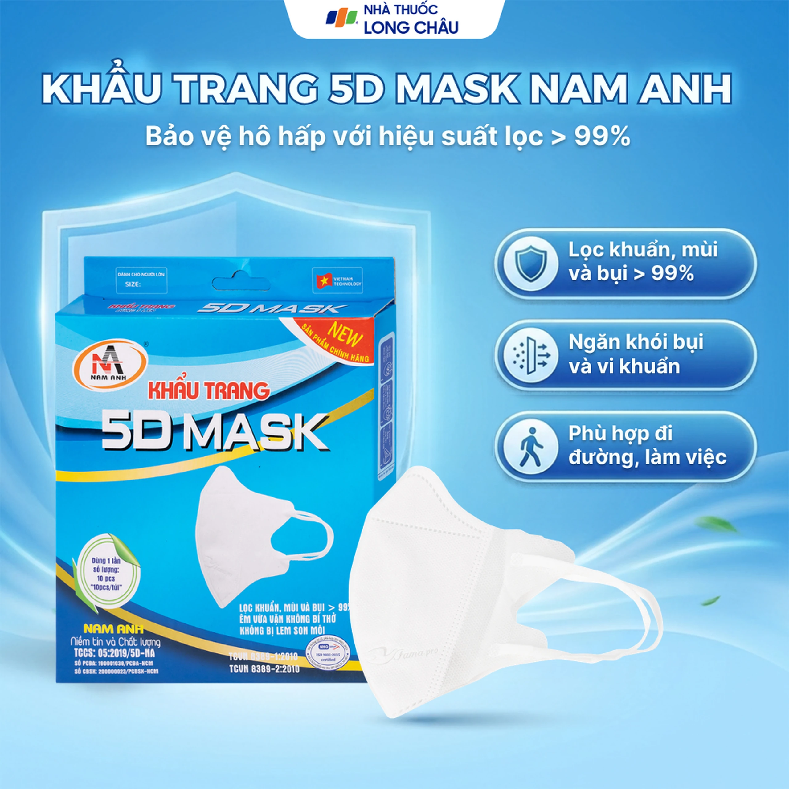 Khẩu trang 3 lớp 5D mask màu trắng (10 cái) Nam Anh ngăn khói bụi, vi khuẩn 2