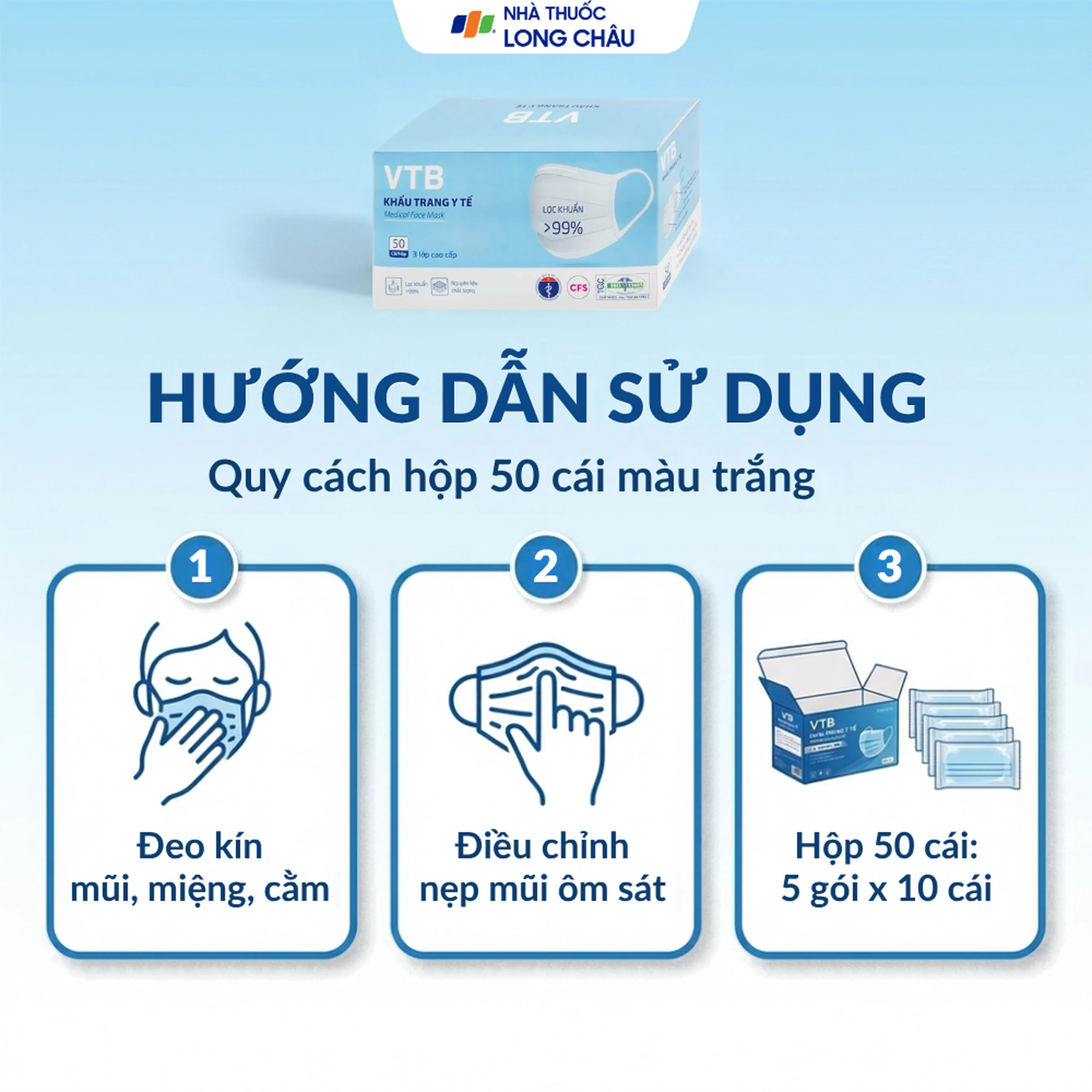 Khẩu trang 3 lớp VTB màu trắng (50 cái) ngăn khói bụi, vi khuẩn 5