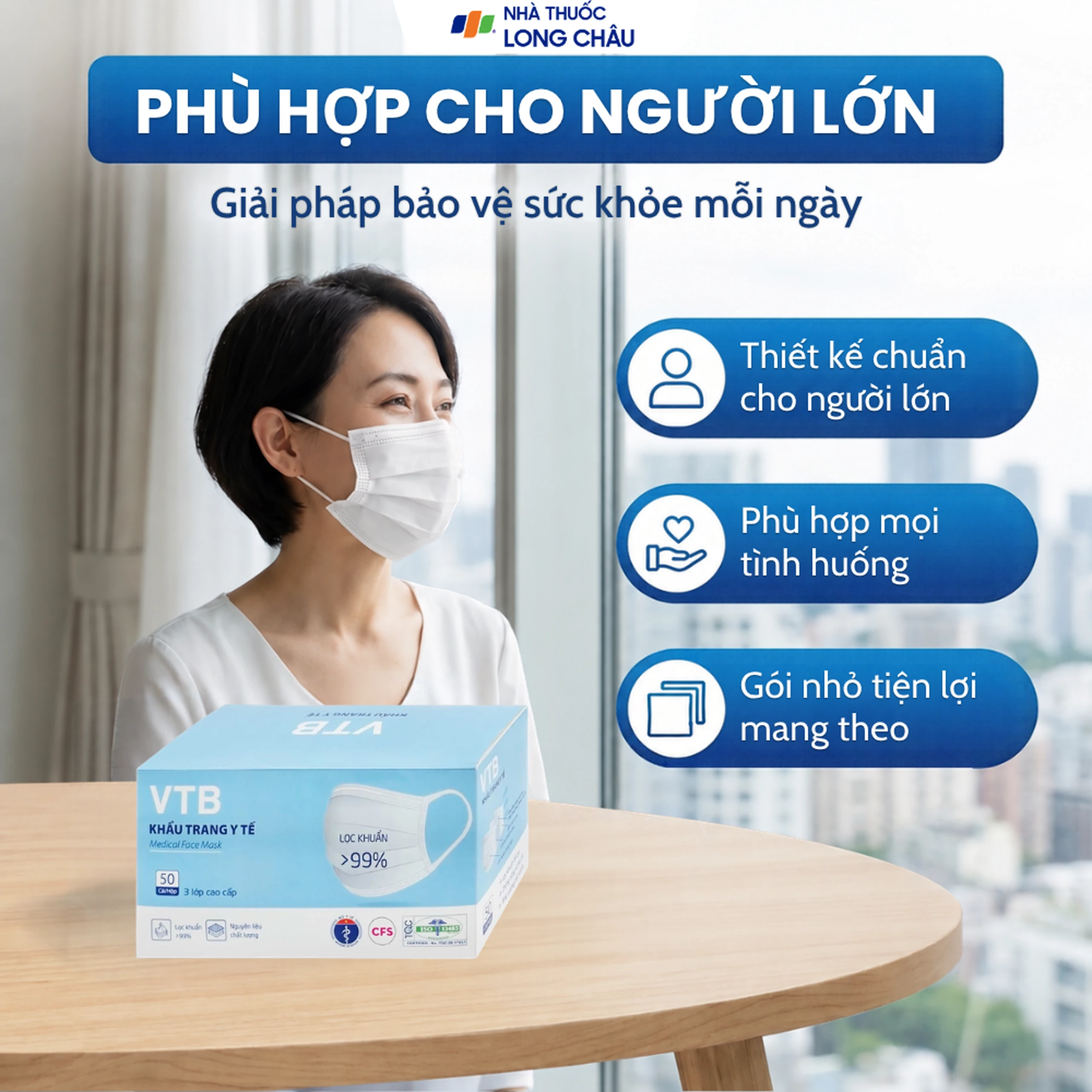 Khẩu trang 3 lớp VTB màu trắng (50 cái) ngăn khói bụi, vi khuẩn 4