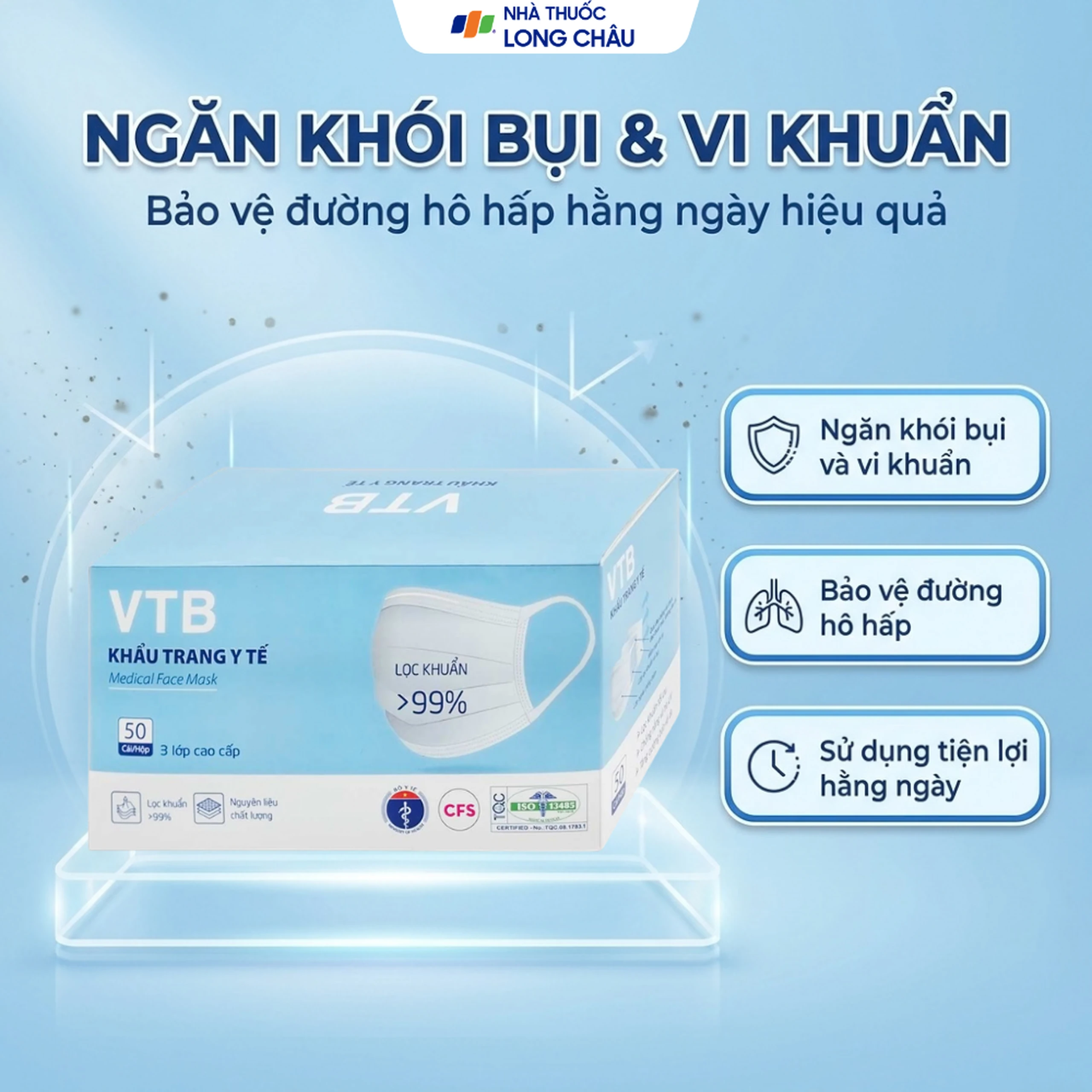Khẩu trang 3 lớp VTB màu trắng (50 cái) ngăn khói bụi, vi khuẩn 2