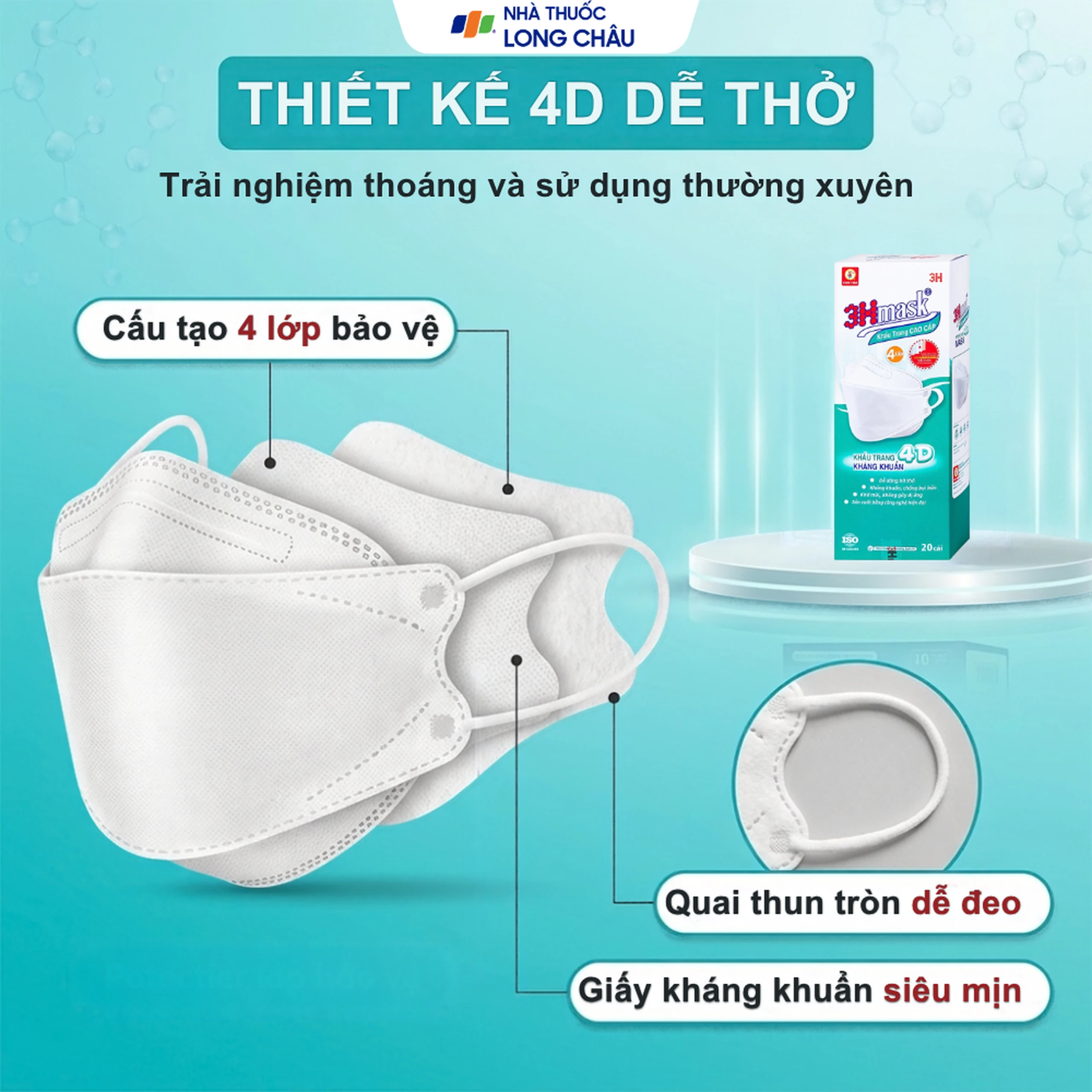 Khẩu trang 4 lớp Vĩnh Tiến 4D 3Hmask màu trắng (20 cái) ngăn khói bụi, vi khuẩn 3