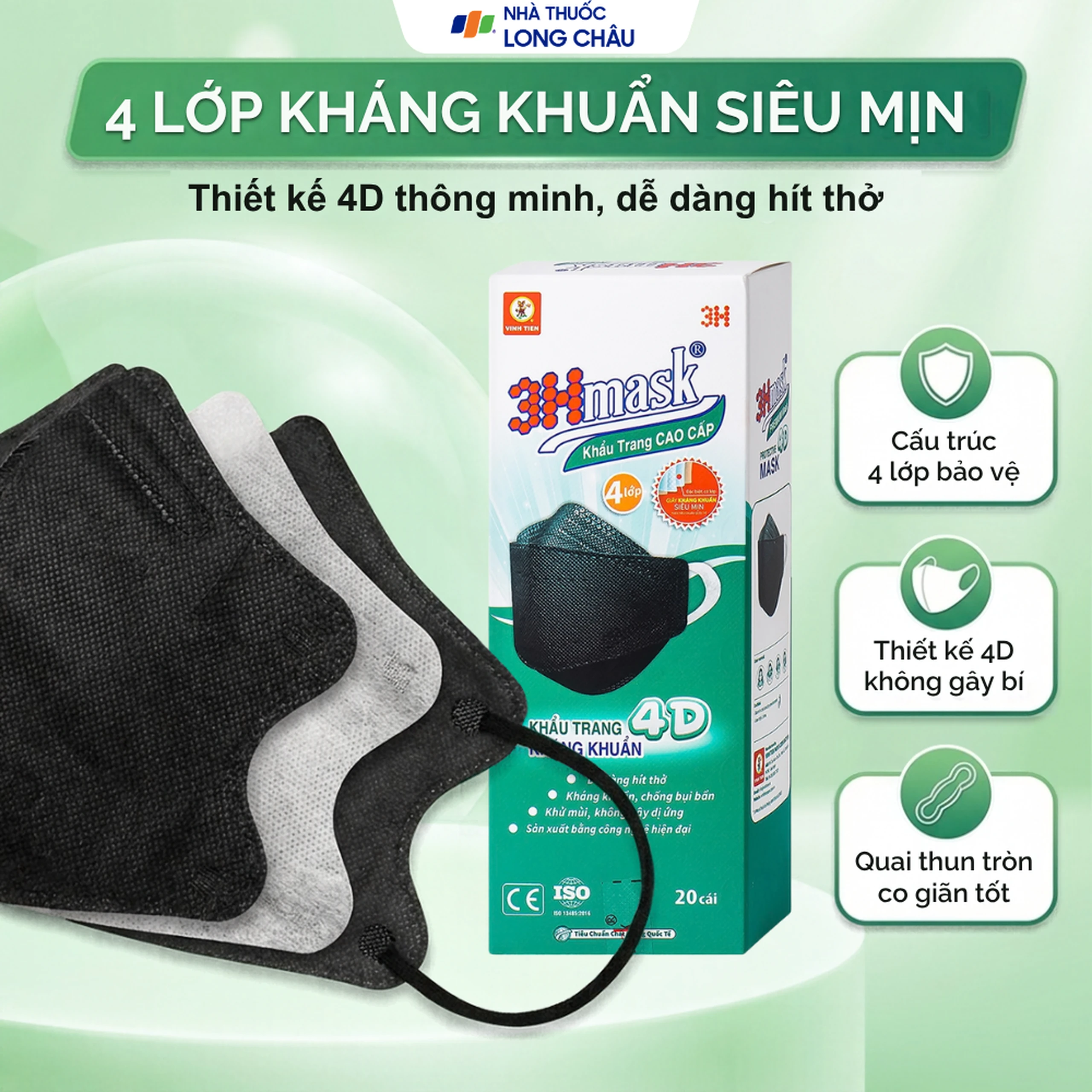 Khẩu trang 4 lớp Vĩnh Tiến 4D 3Hmask màu đen (20 cái) ngăn khói bụi, vi khuẩn 3