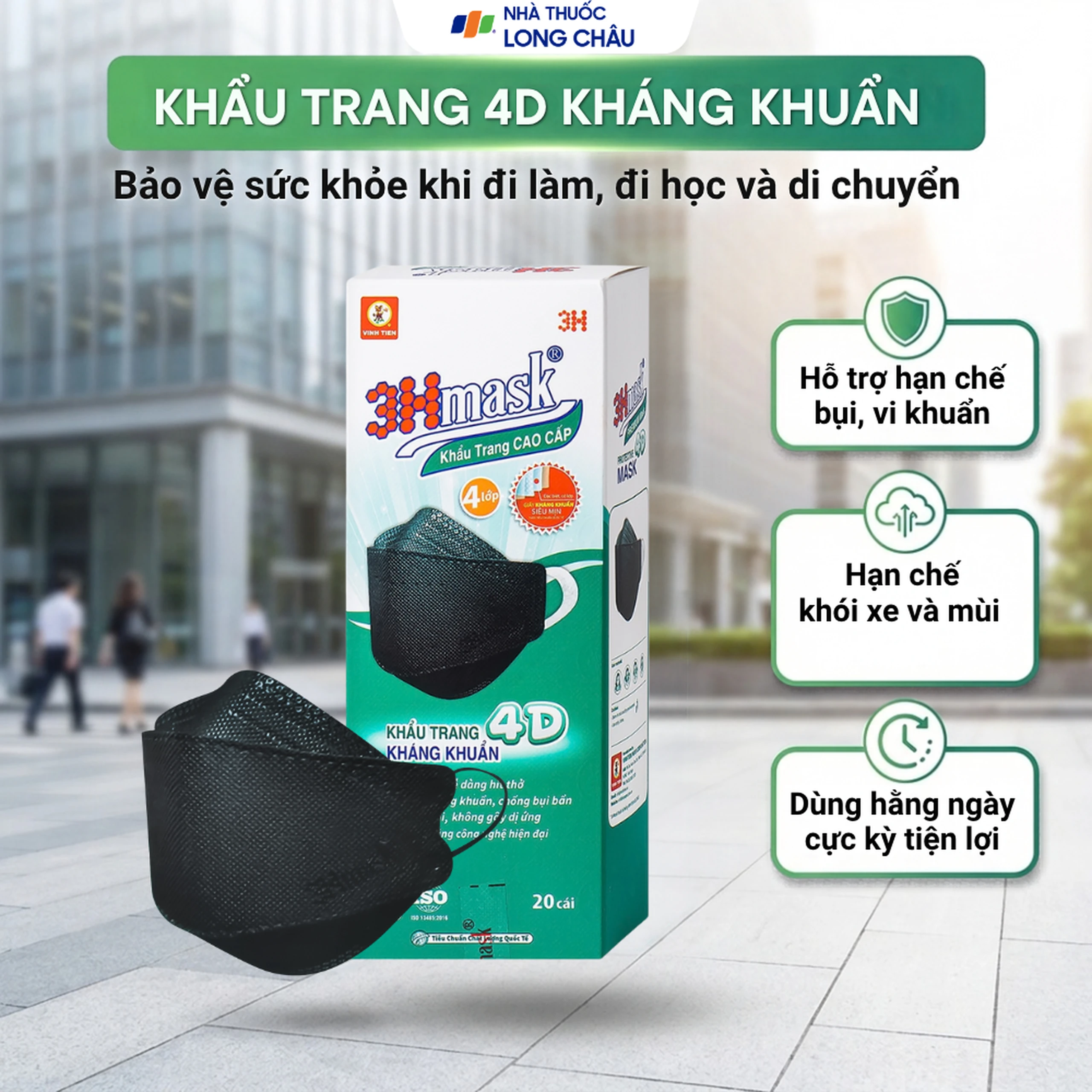 Khẩu trang 4 lớp Vĩnh Tiến 4D 3Hmask màu đen (20 cái) ngăn khói bụi, vi khuẩn 2