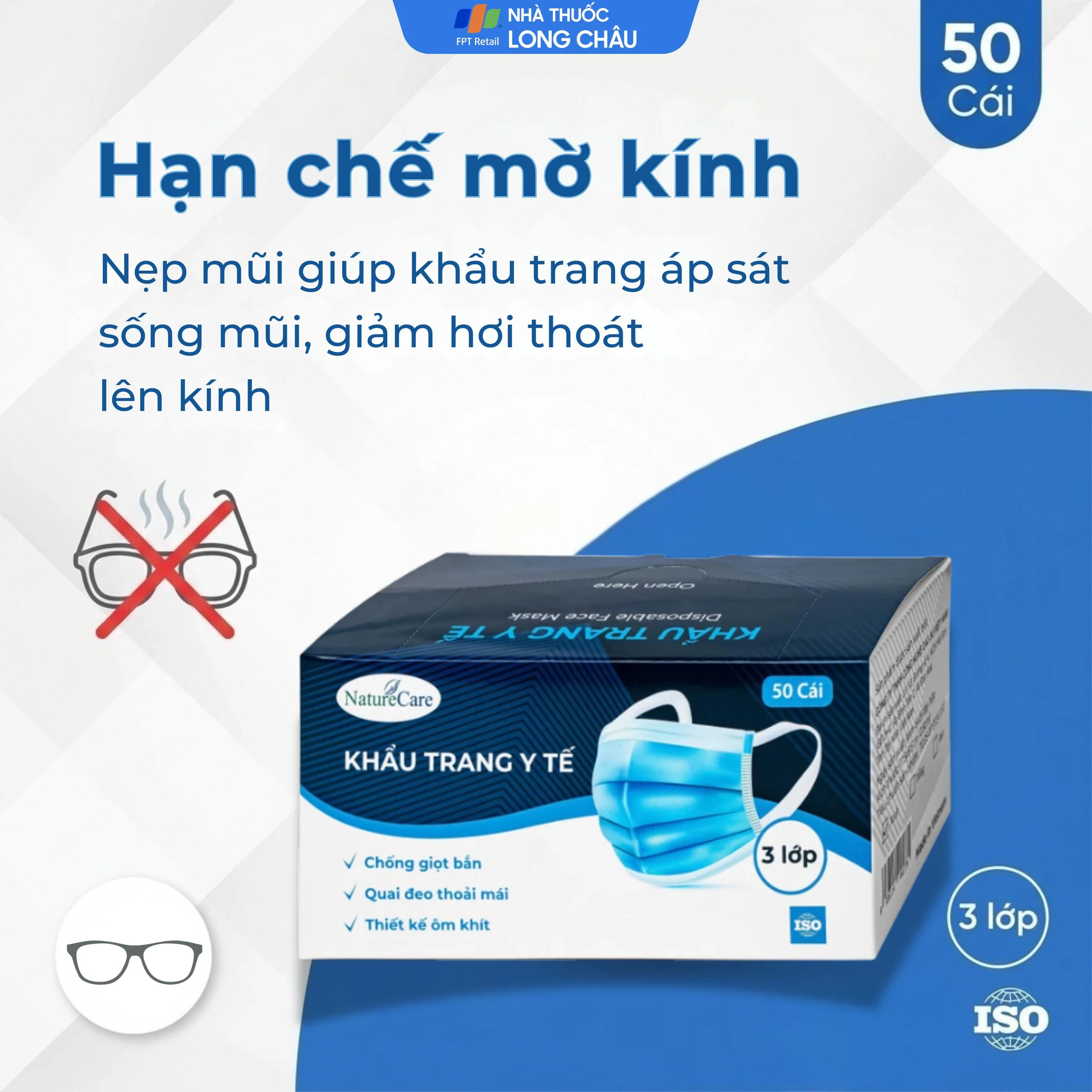 Khẩu trang 3 lớp Naturecare màu xanh (50 cái) ngăn khói bụi, vi khuẩn
