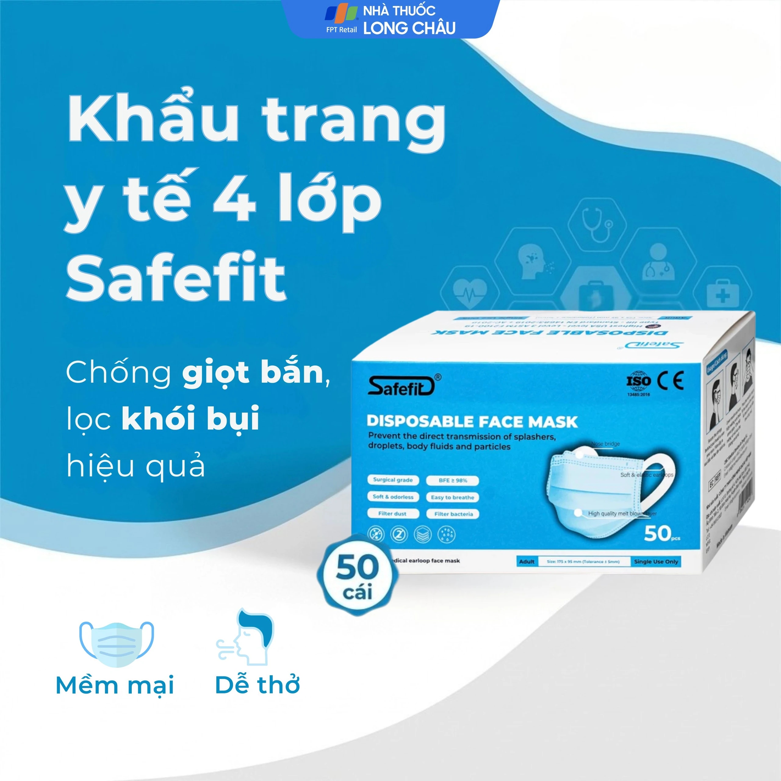 Khẩu trang 4 lớp Safefit màu xanh (50 cái) ngăn khói bụi, vi khuẩn 2
