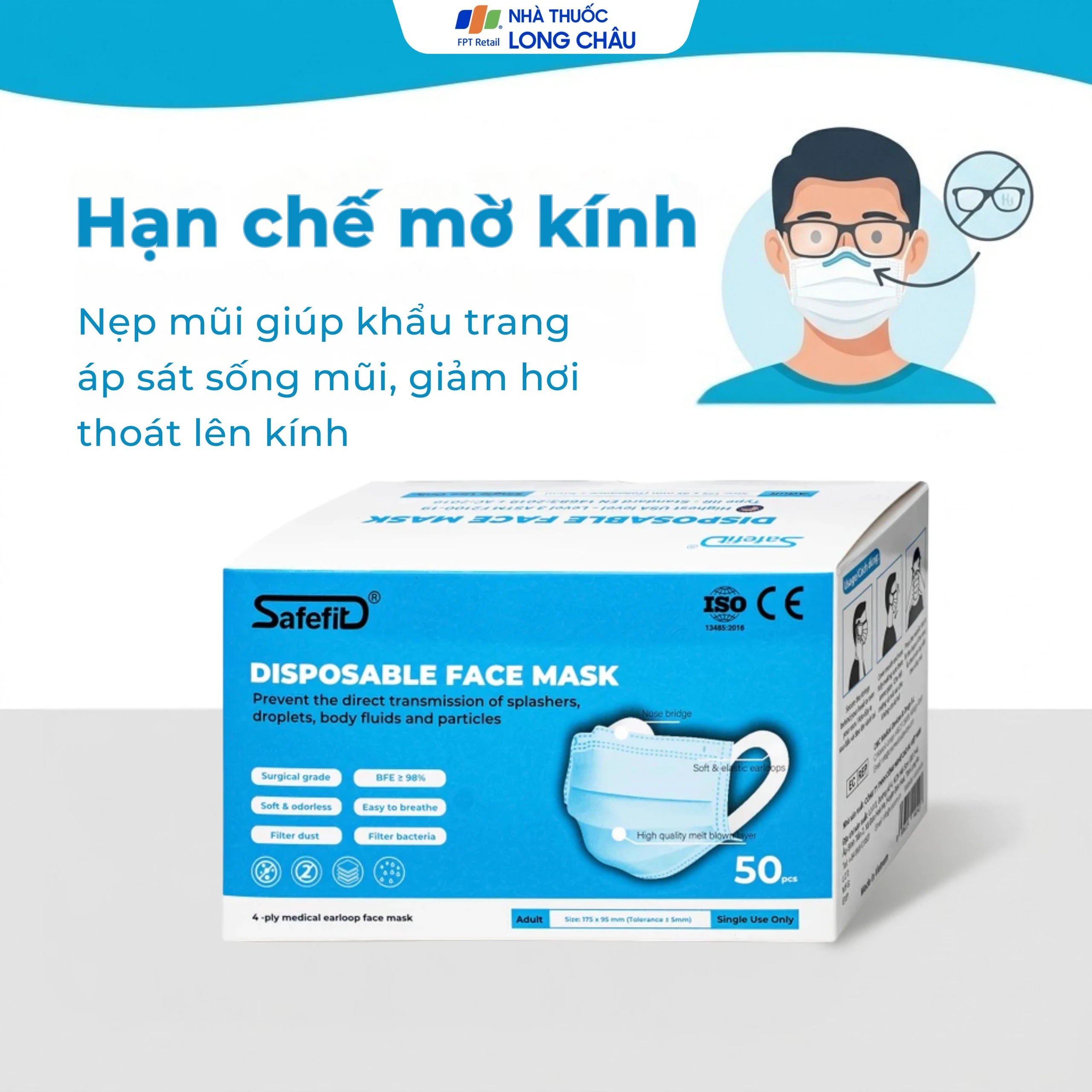 Khẩu trang 4 lớp Safefit màu xanh (50 cái) ngăn khói bụi, vi khuẩn 4