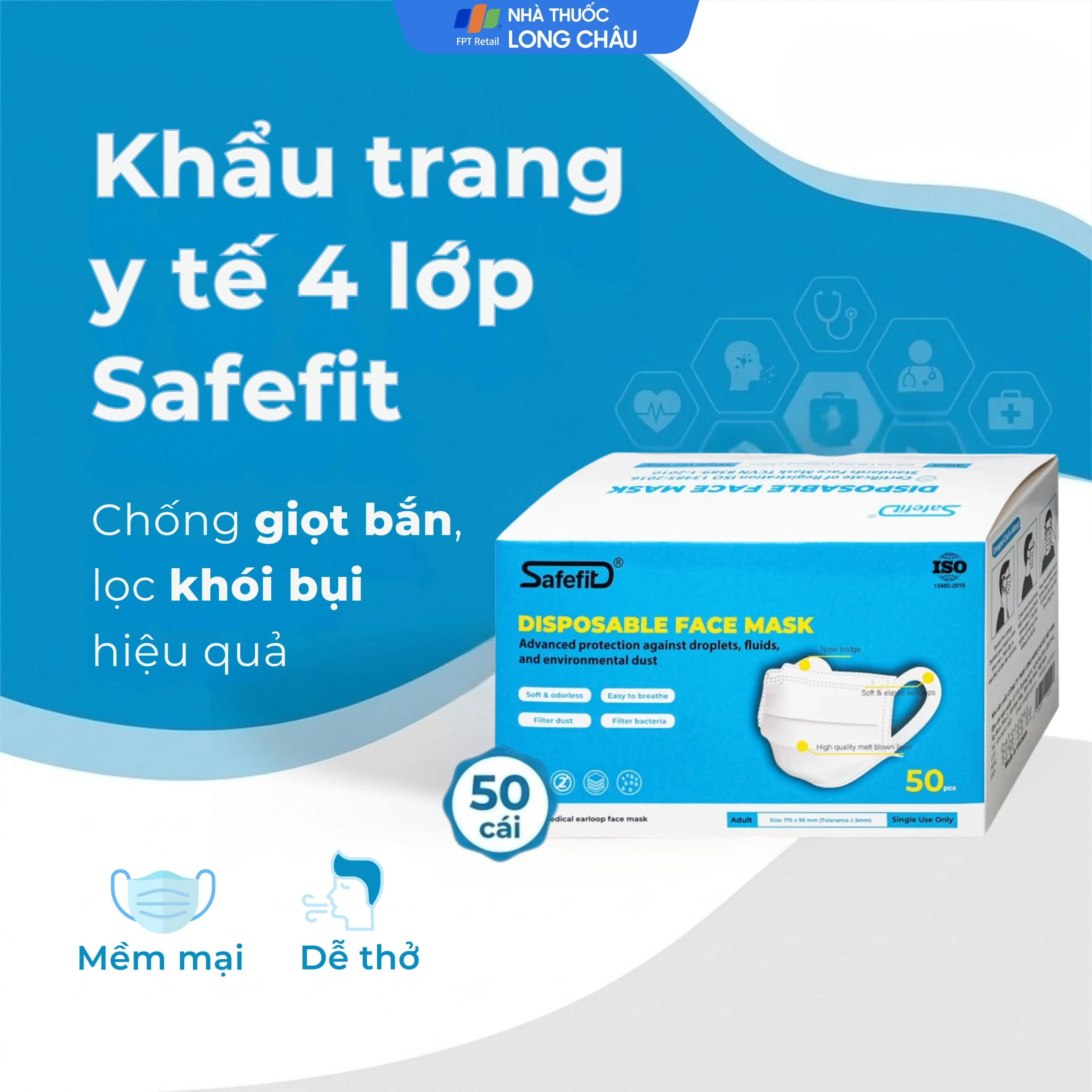 Khẩu trang 4 lớp Safefit màu trắng (50 cái) ngăn khói bụi, vi khuẩn
