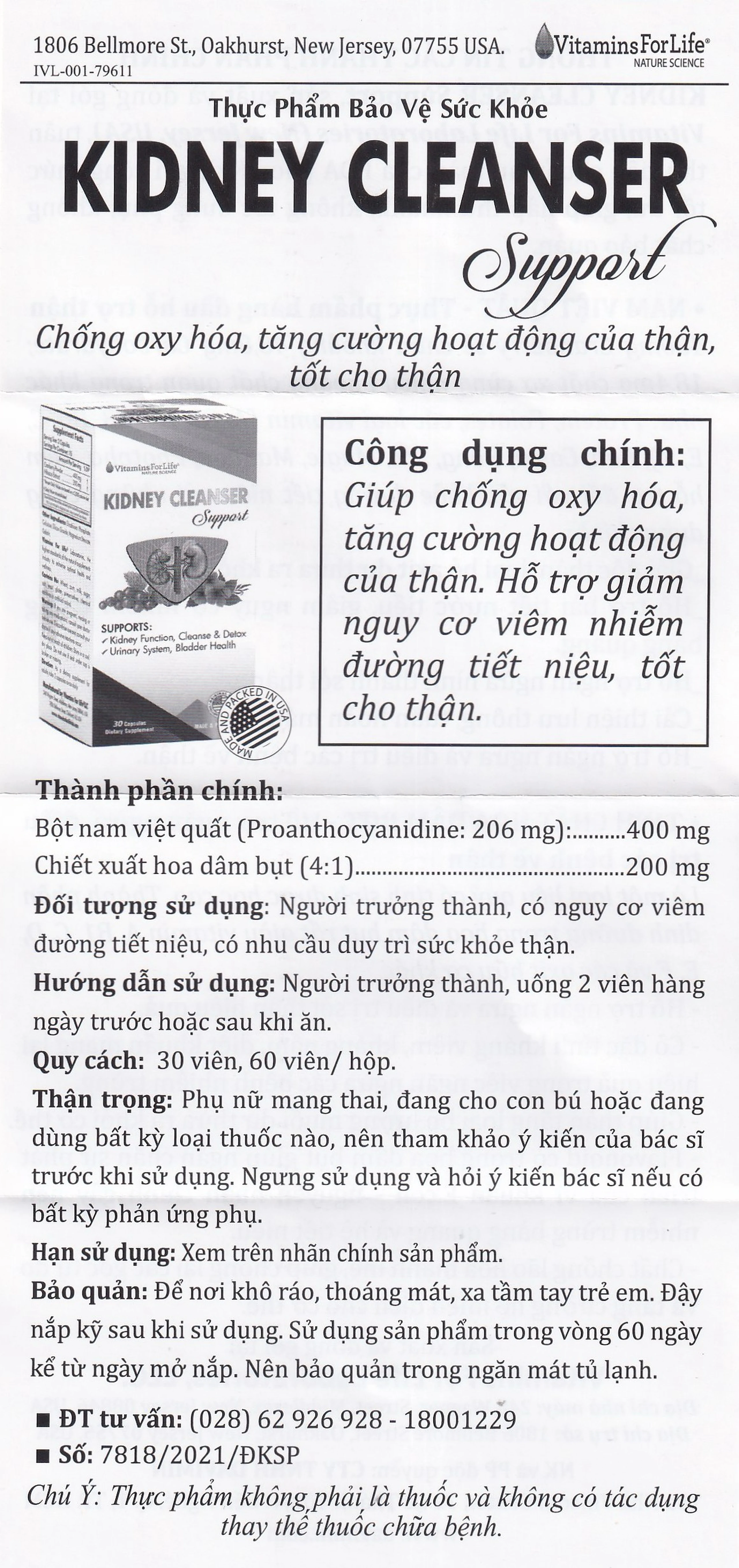 Viên uống bổ thận, hỗ trợ giảm nguy cơ viêm đường tiết niệu Kidney Cleanser Support Vitamins For Life (30 viên)
