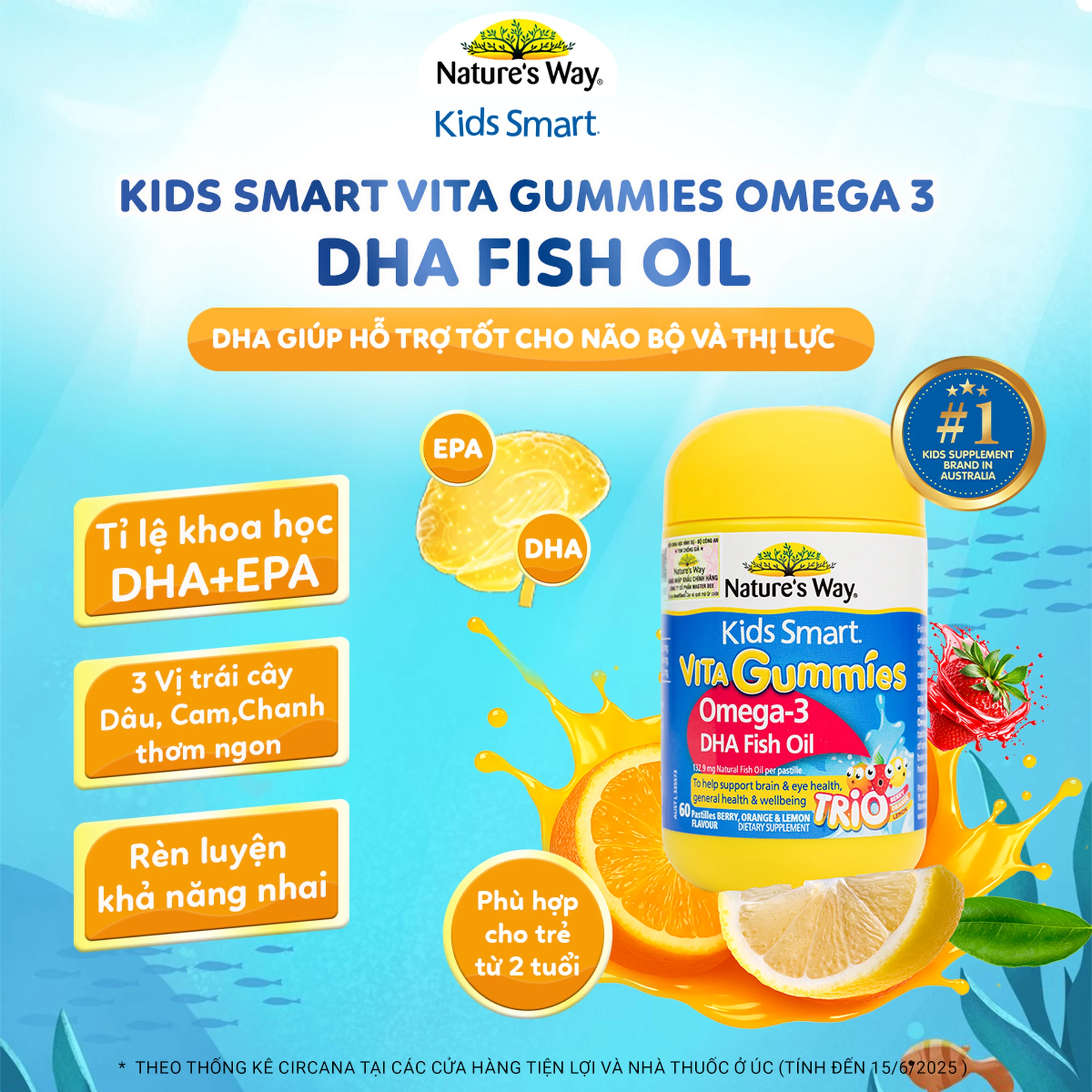 Viên nhai hỗ trợ bổ não Kids Smart Vita Gummies Omega-3 DHA Fish Oil Nature's Way (60 viên) 2