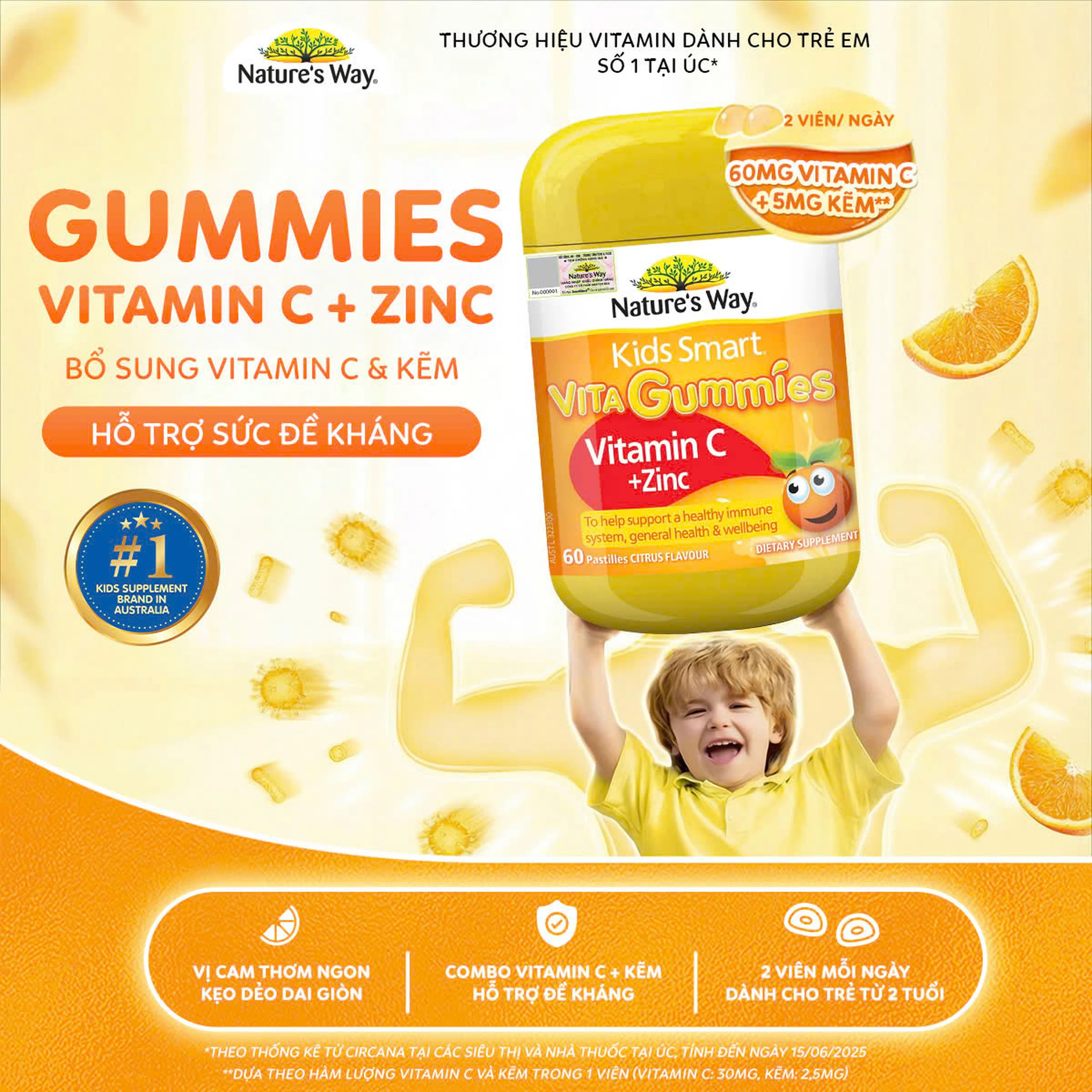 Viên nhai hỗ trợ sức đề kháng Kids Smart Vita Gummies Vitamin C + Zinc Nature's Way (60 viên) 2