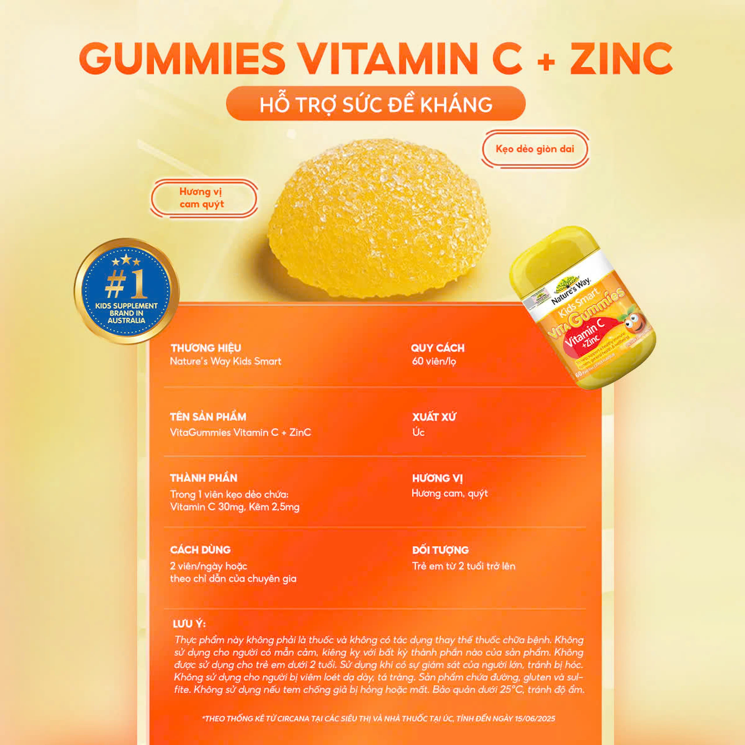 Viên nhai hỗ trợ sức đề kháng Kids Smart Vita Gummies Vitamin C + Zinc Nature's Way (60 viên) 7
