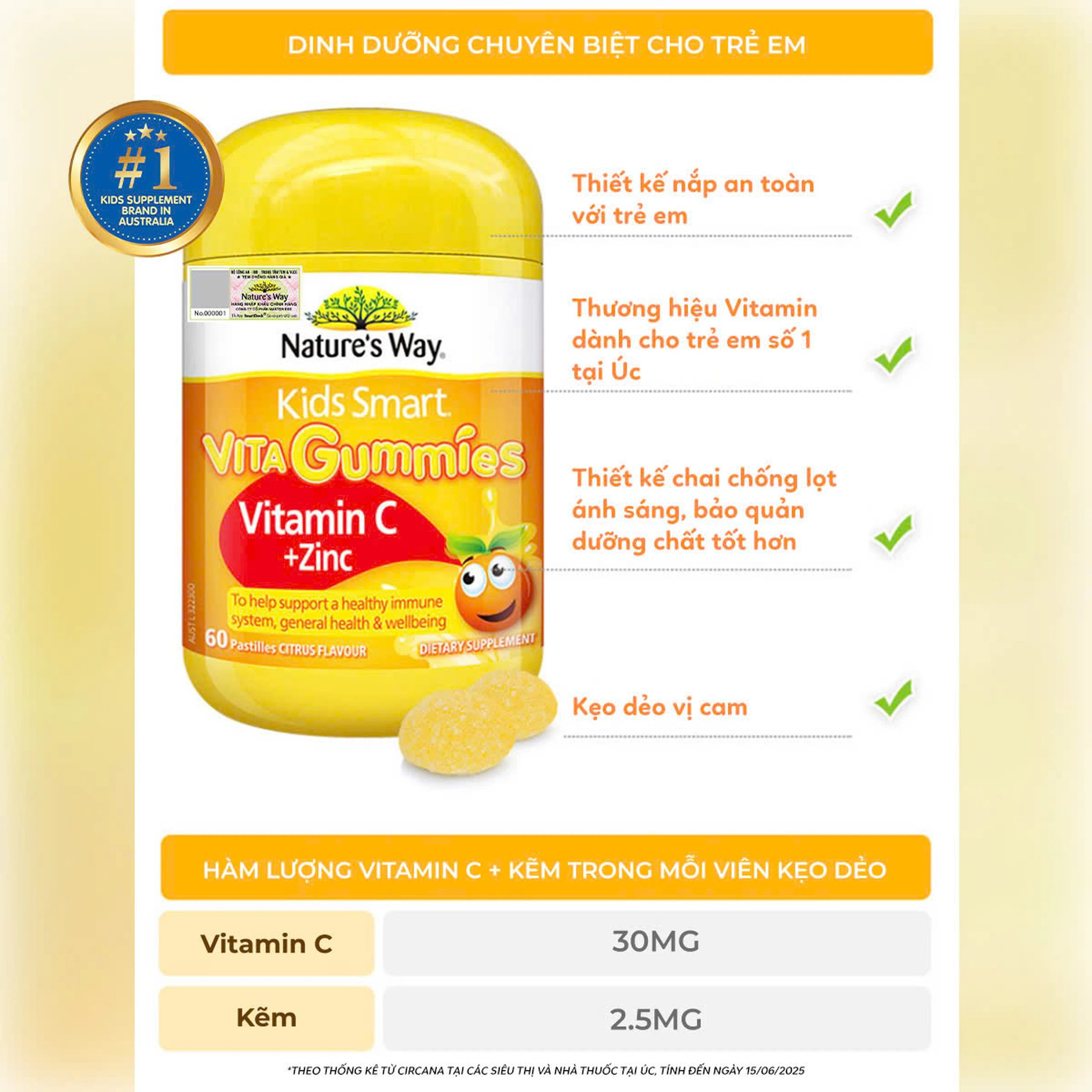 Viên nhai hỗ trợ sức đề kháng Kids Smart Vita Gummies Vitamin C + Zinc Nature's Way (60 viên) 10