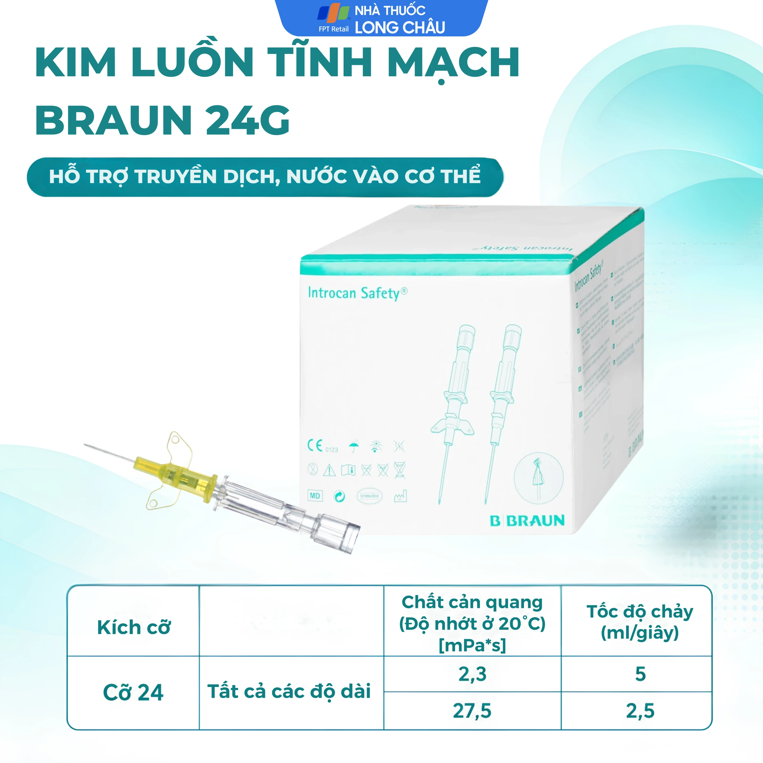 Kim luồn tĩnh mạch Braun 24G hỗ trợ truyền dịch, nước vào cơ thể 3