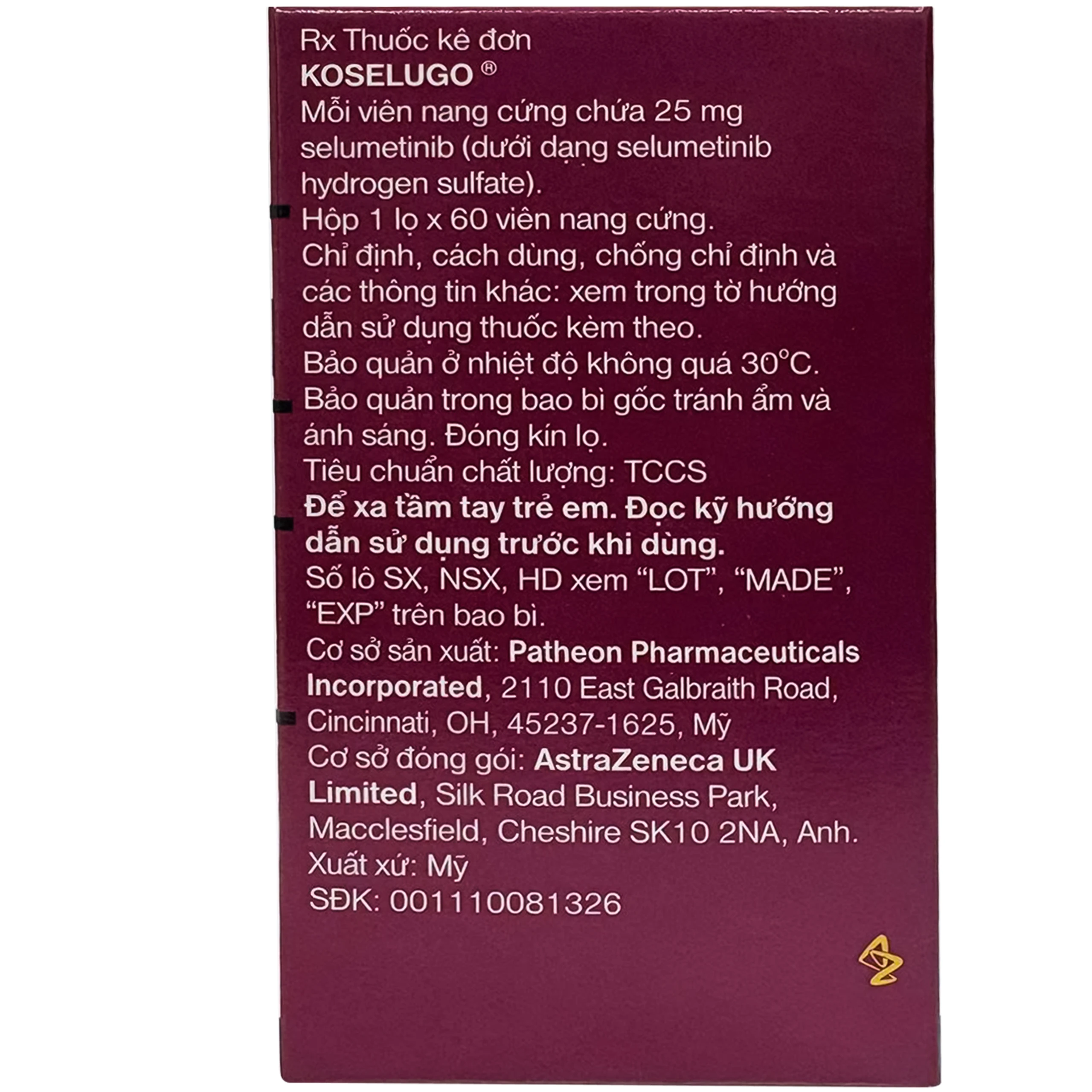 Thuốc Koselugo 25mg Astrazeneca Điều trị u xơ thần kinh loại 1 dạng búi (Hộp 60 viên) 6