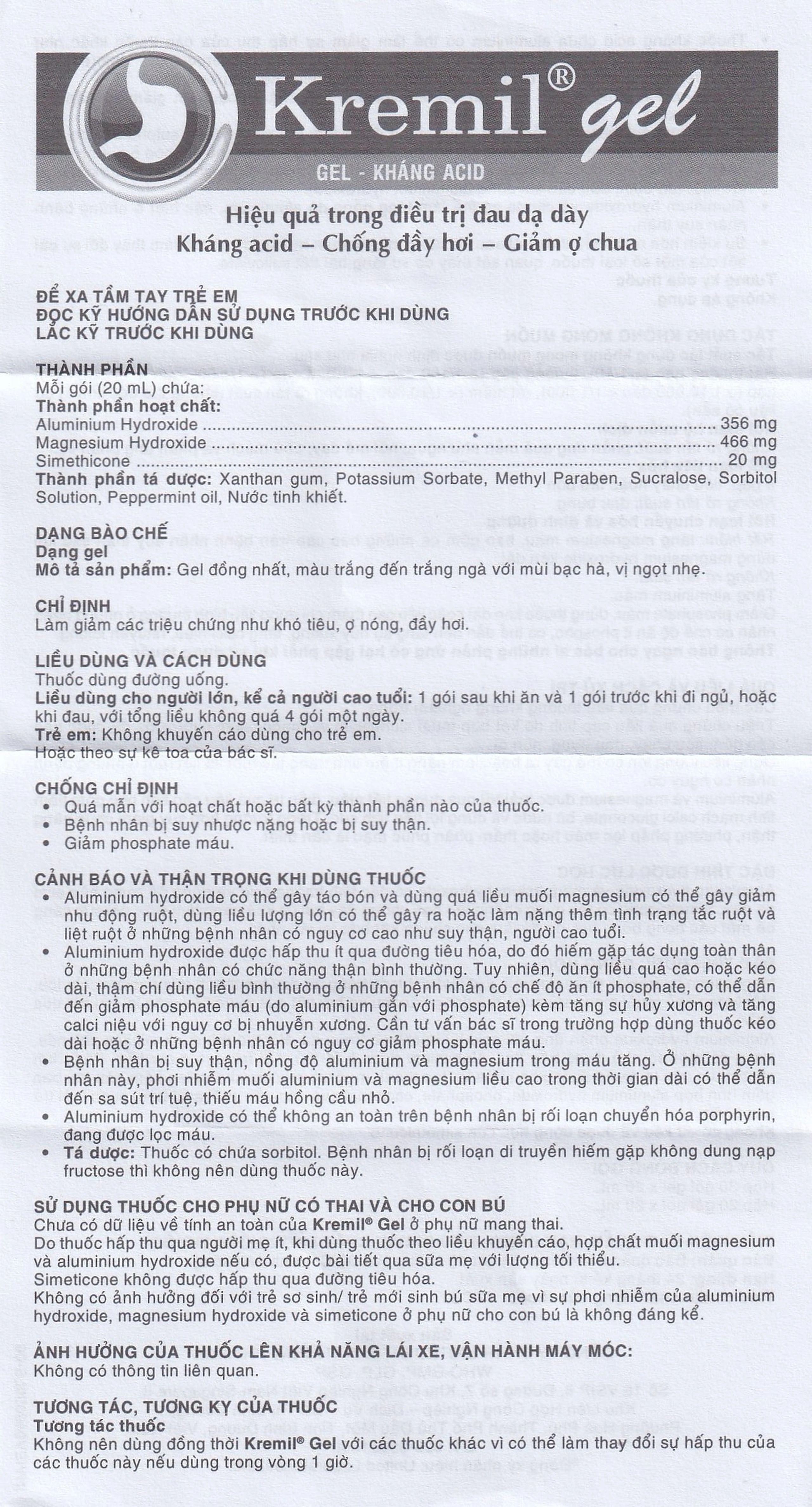 Thuốc Kremil Gel Bạc Hà United làm giảm các triệu chứng như khó tiêu, ợ nóng, đầy hơi (20 gói x 20ml)