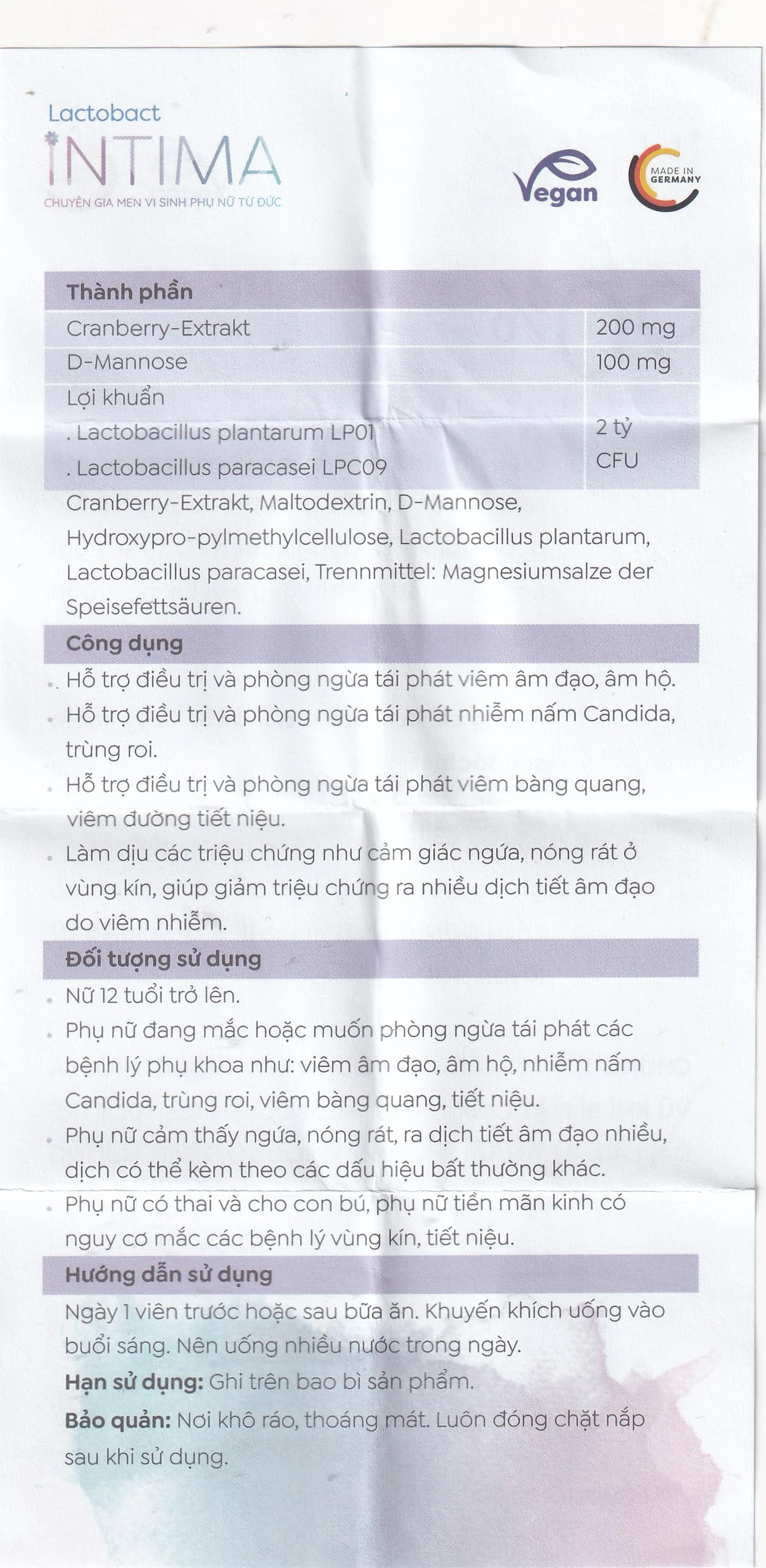 Viên uống bổ sung lợi khuẩn, D-mannose, việt quất cho phụ nữ Lactobact Intima (30 viên)